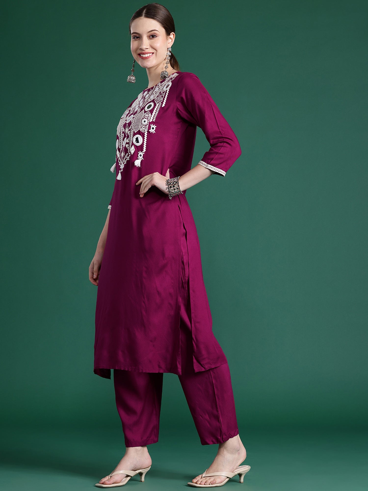 Women's Burgundy Viscose Rayon Kurta Set - Taantav