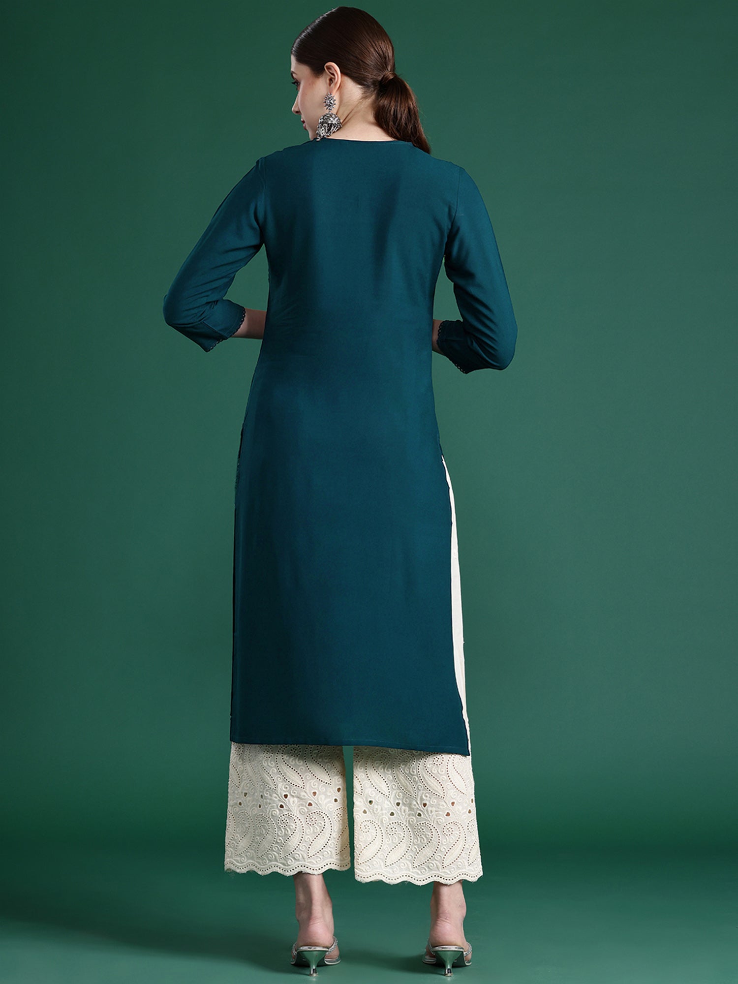 Women's Teal Viscose Rayon Kurta - Taantav