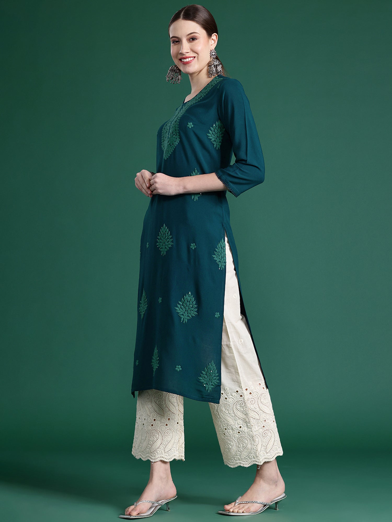 Women's Teal Viscose Rayon Kurta - Taantav