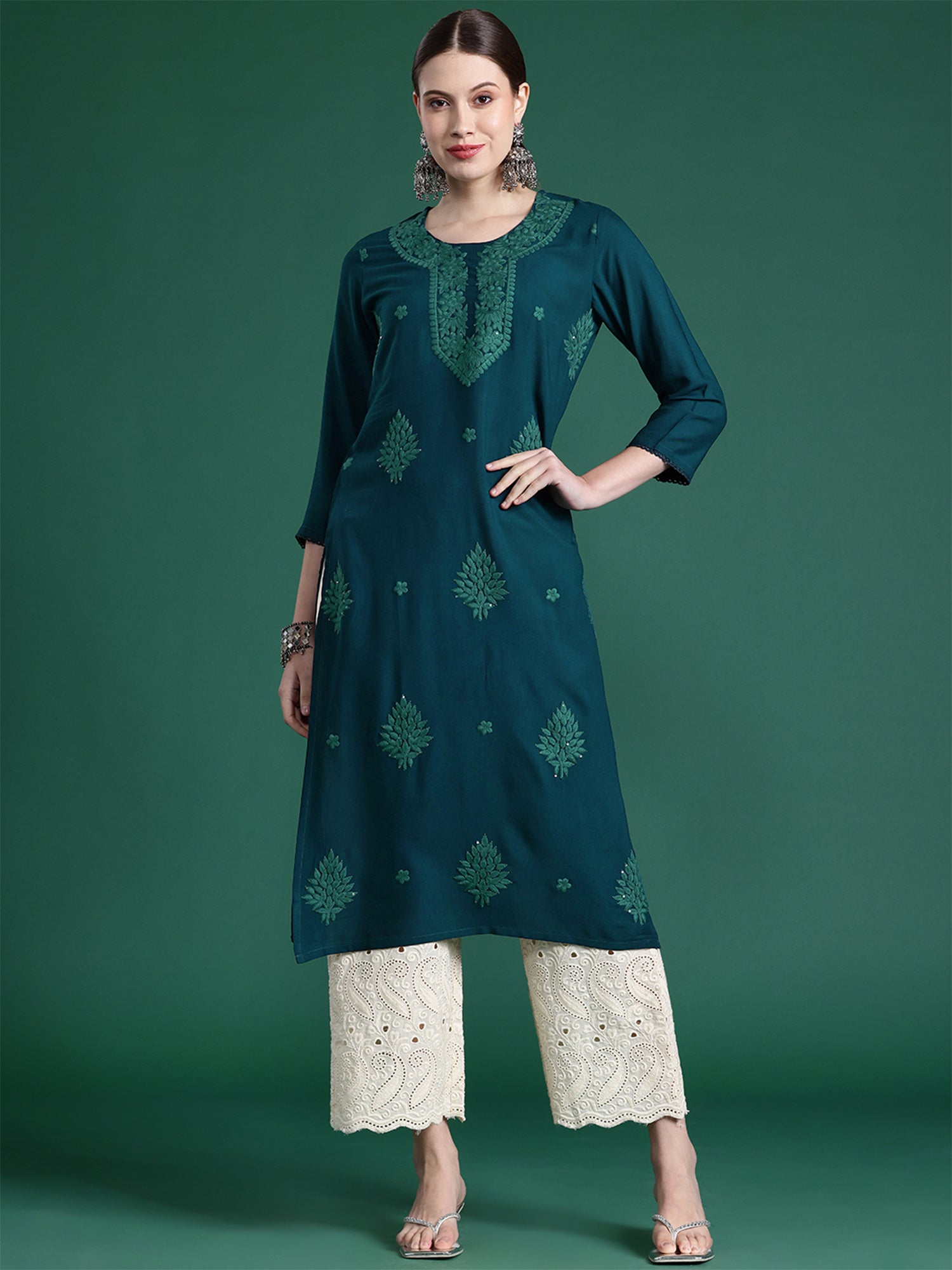 Women's Teal Viscose Rayon Kurta - Taantav