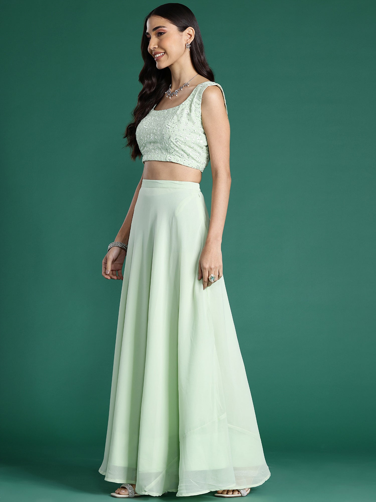 Women's Sea Green Poly Georgette Lehenga Set - Taantav