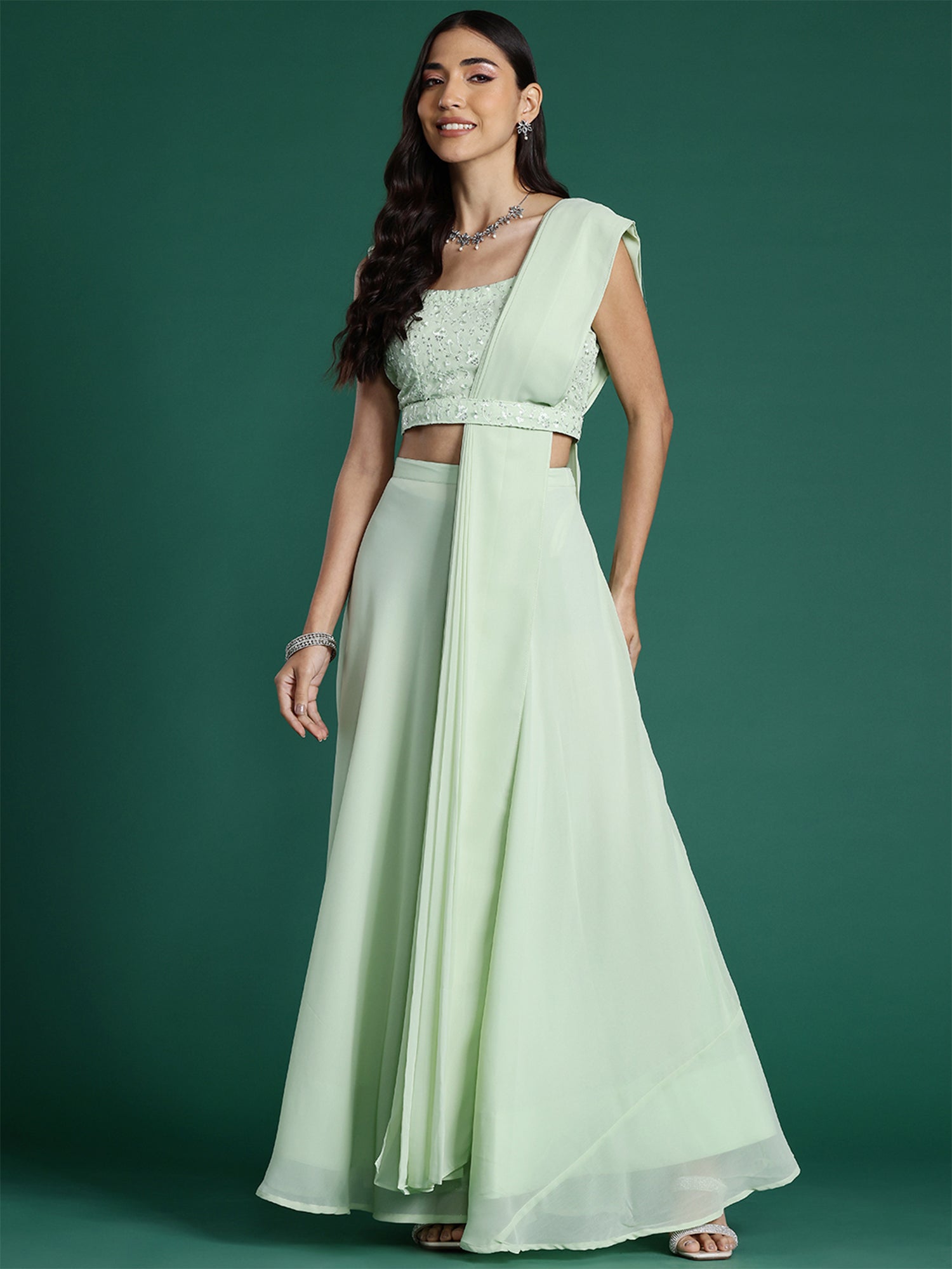 Women's Sea Green Poly Georgette Lehenga Set - Taantav