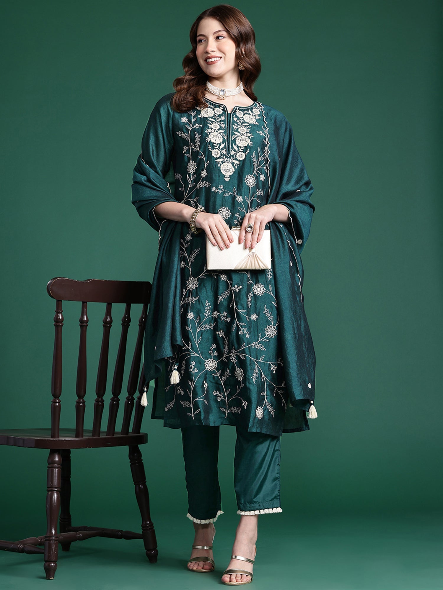 Women's Teal Silk Blend Kurta Set - Taantav