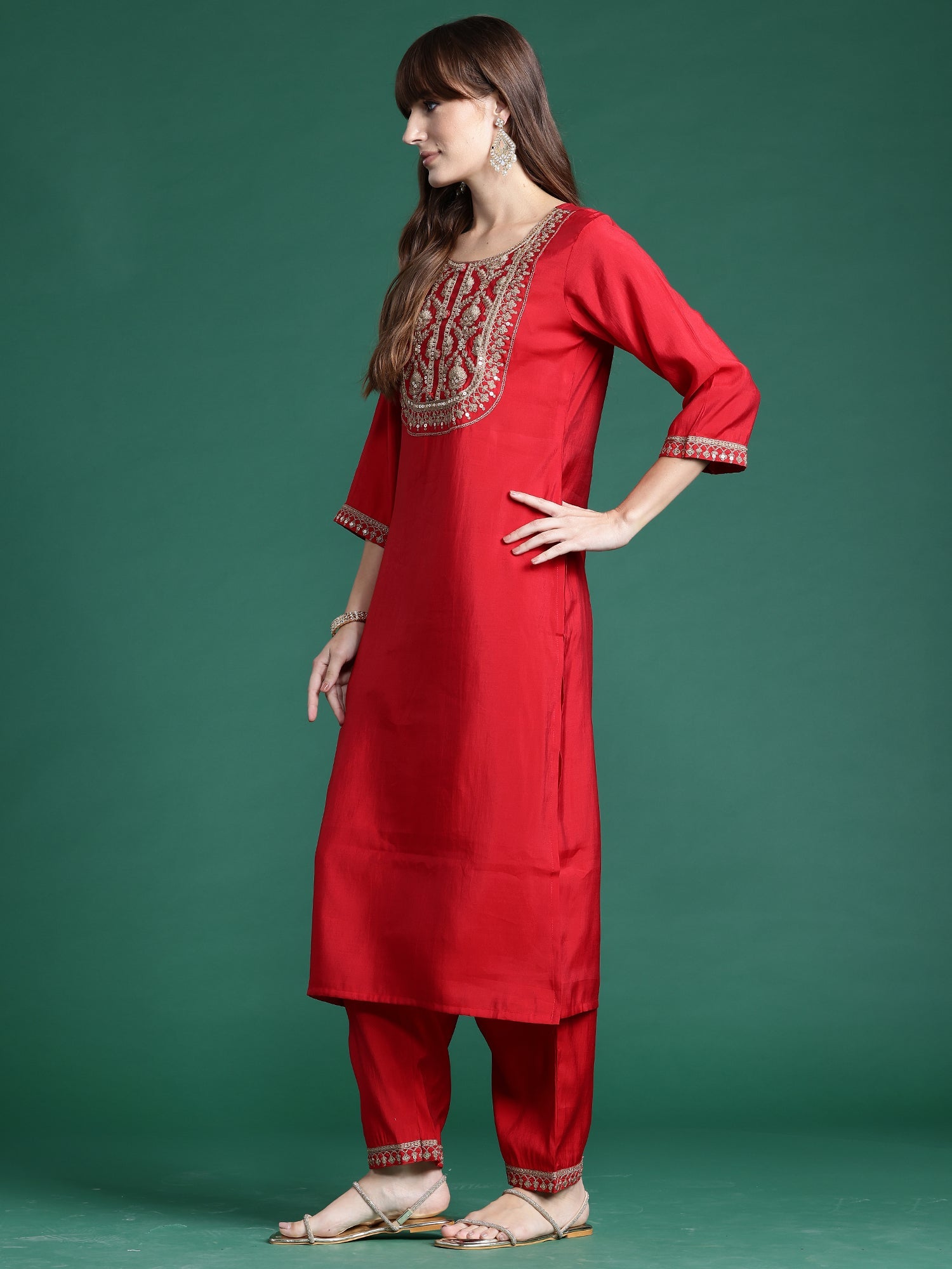 Women's Red Liva Kurta Set - Taantav