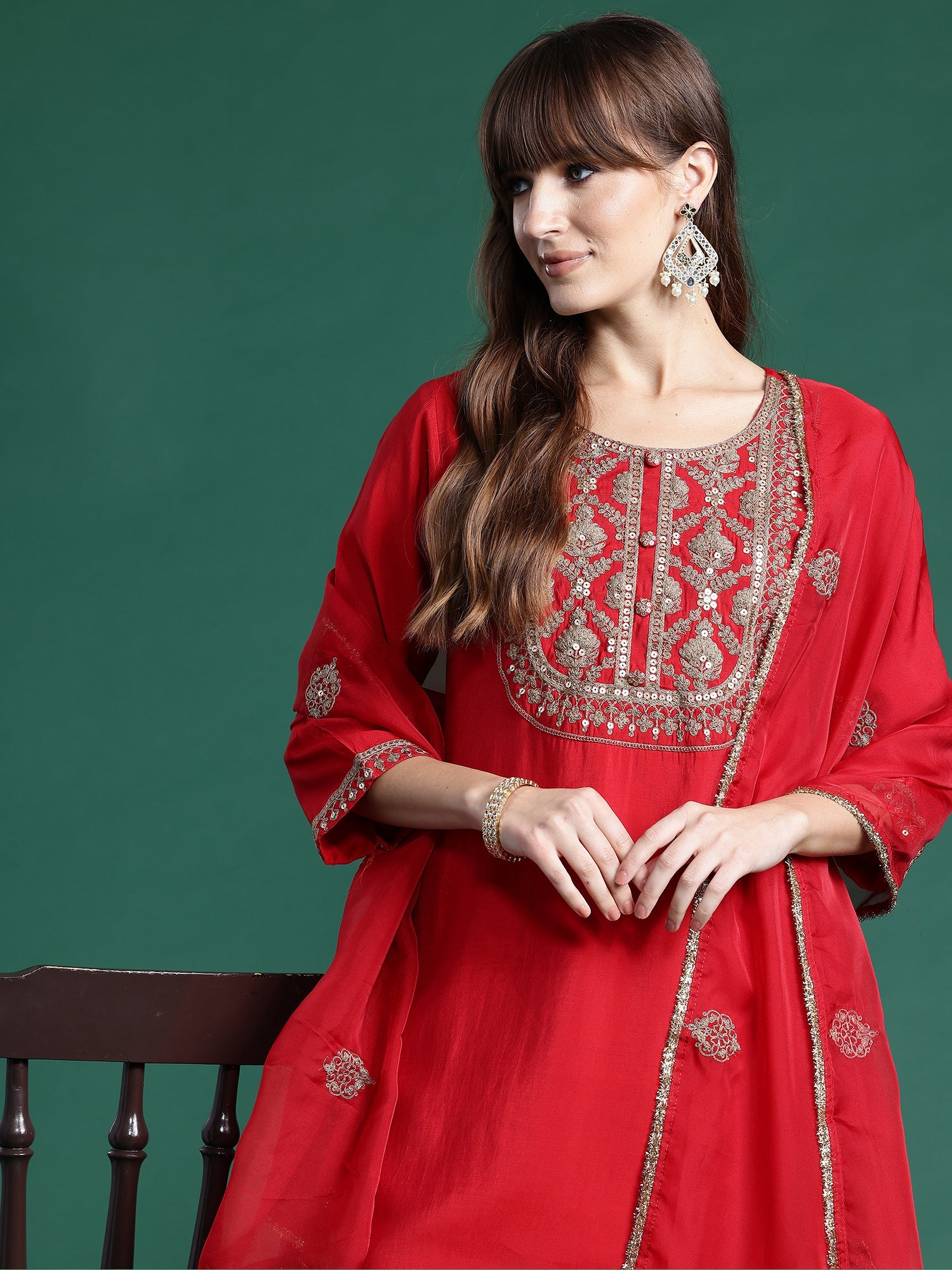 Women's Red Liva Kurta Set - Taantav