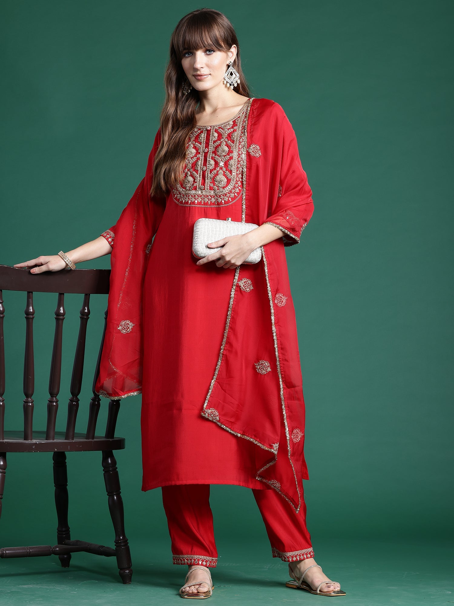 Women's Red Liva Kurta Set - Taantav