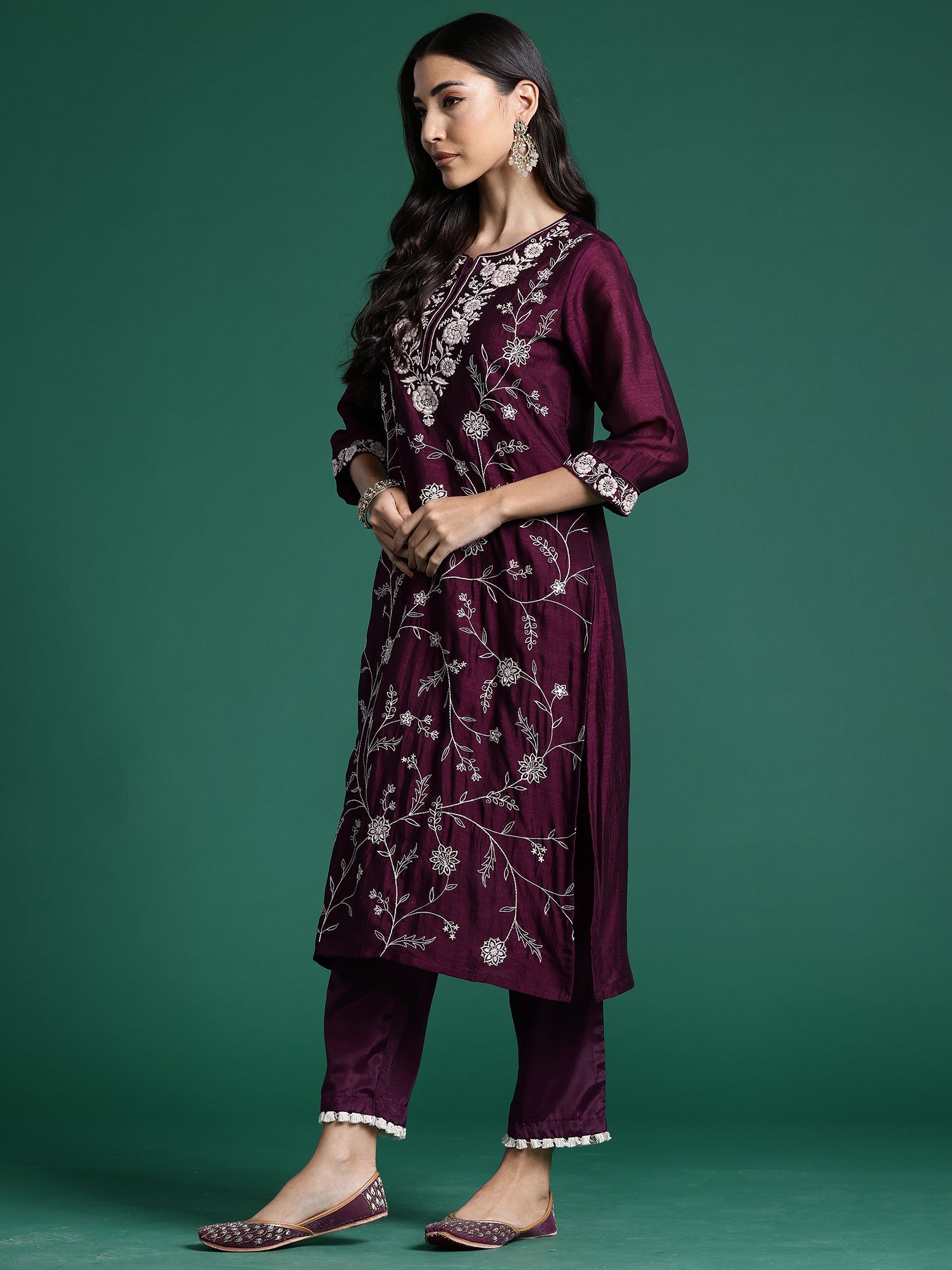 Women's Burgundy Silk Blend Kurta Set - Taantav