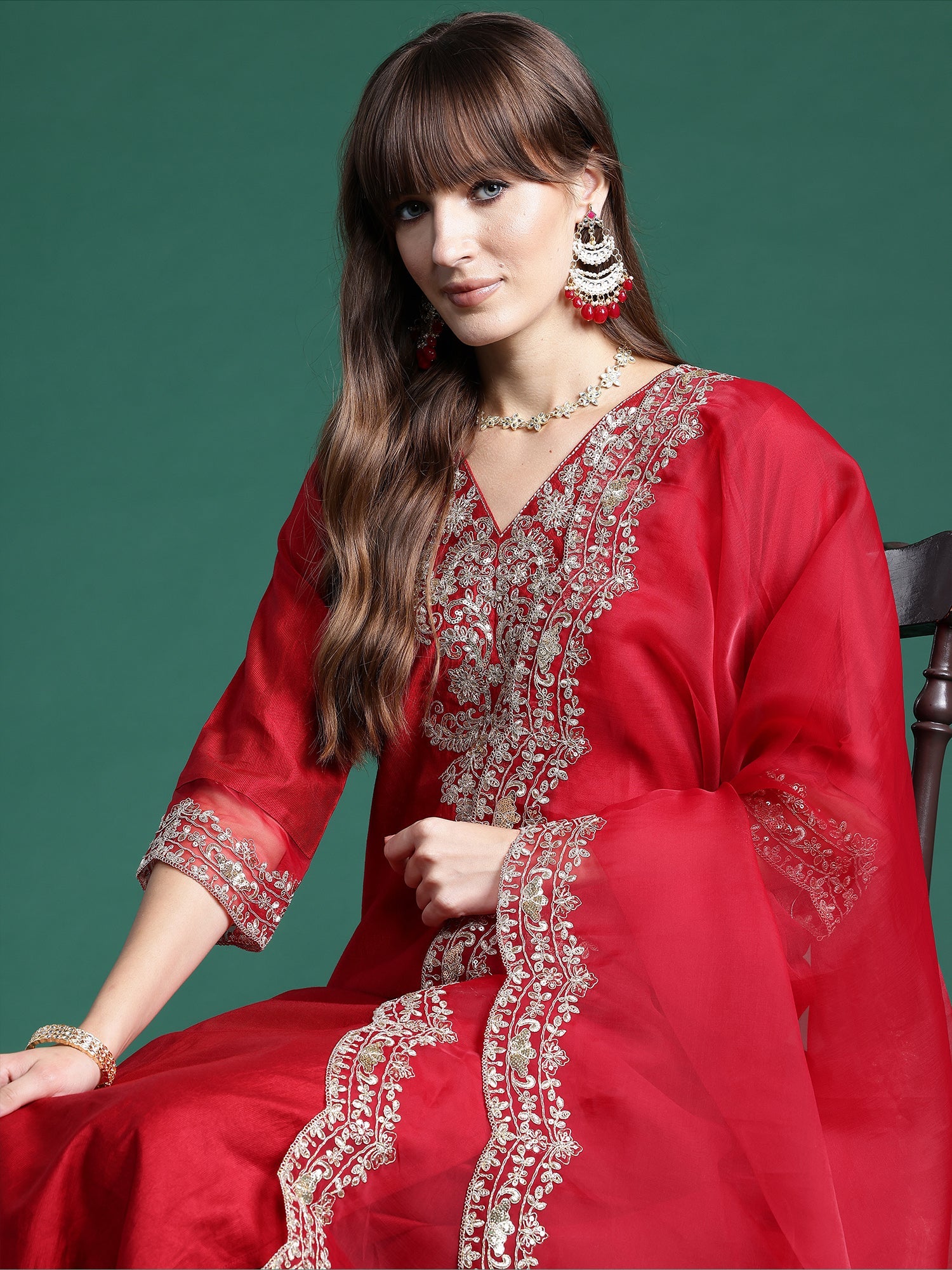 Women's Red Liva Kurta Set - Taantav