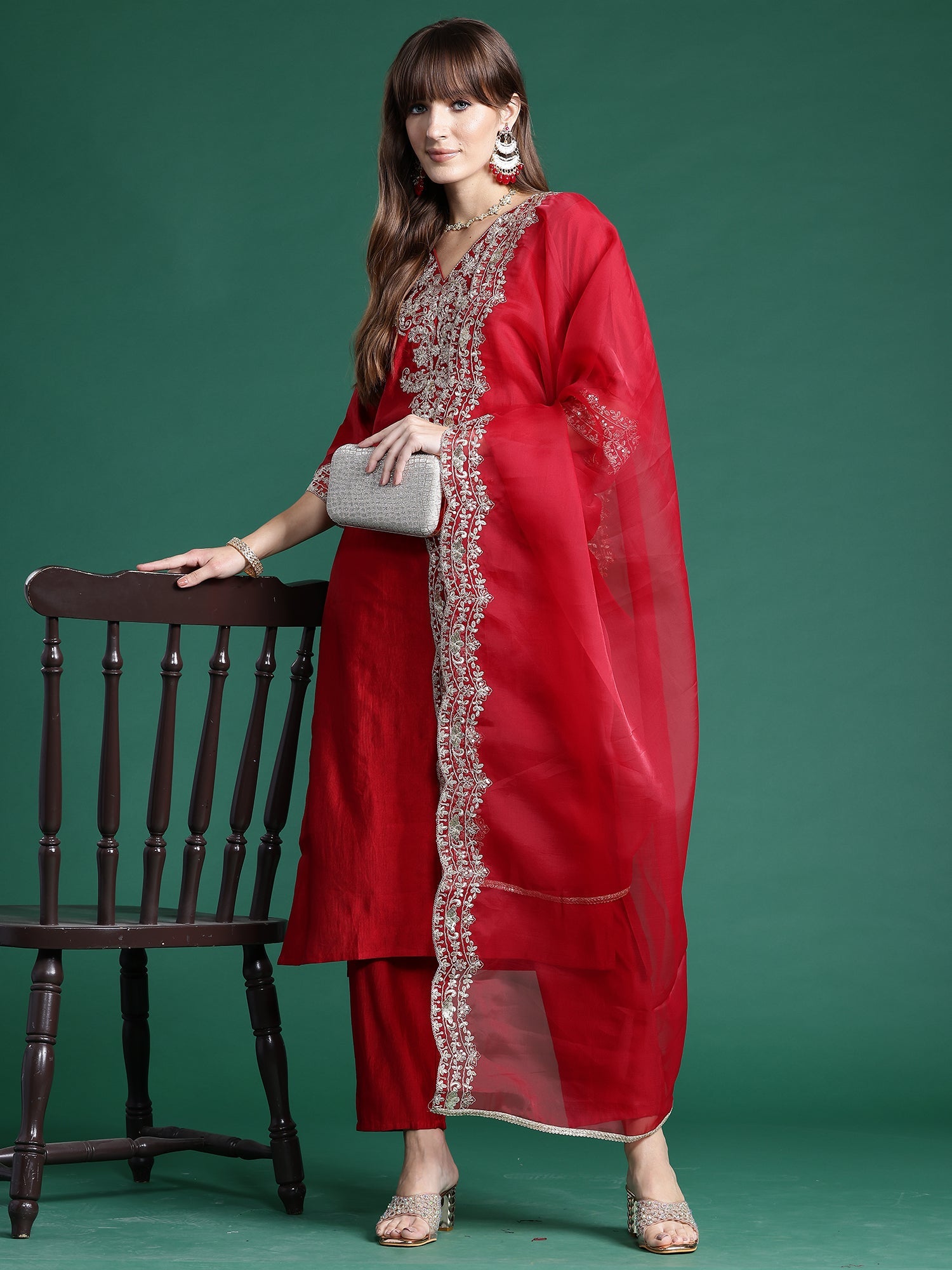 Women's Red Liva Kurta Set - Taantav