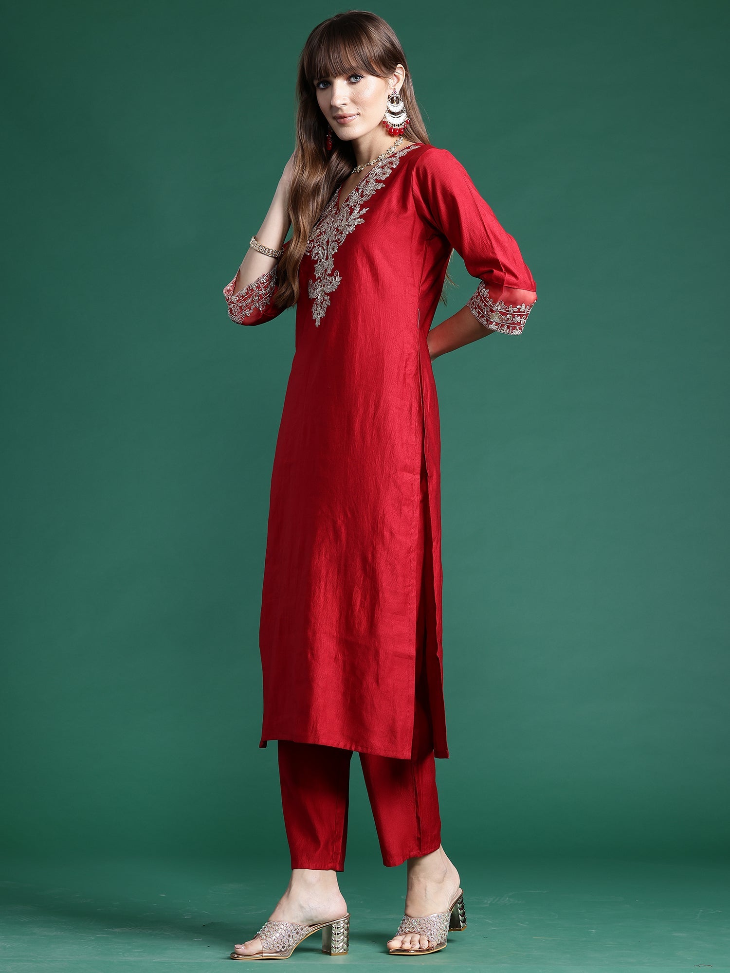 Women's Red Liva Kurta Set - Taantav