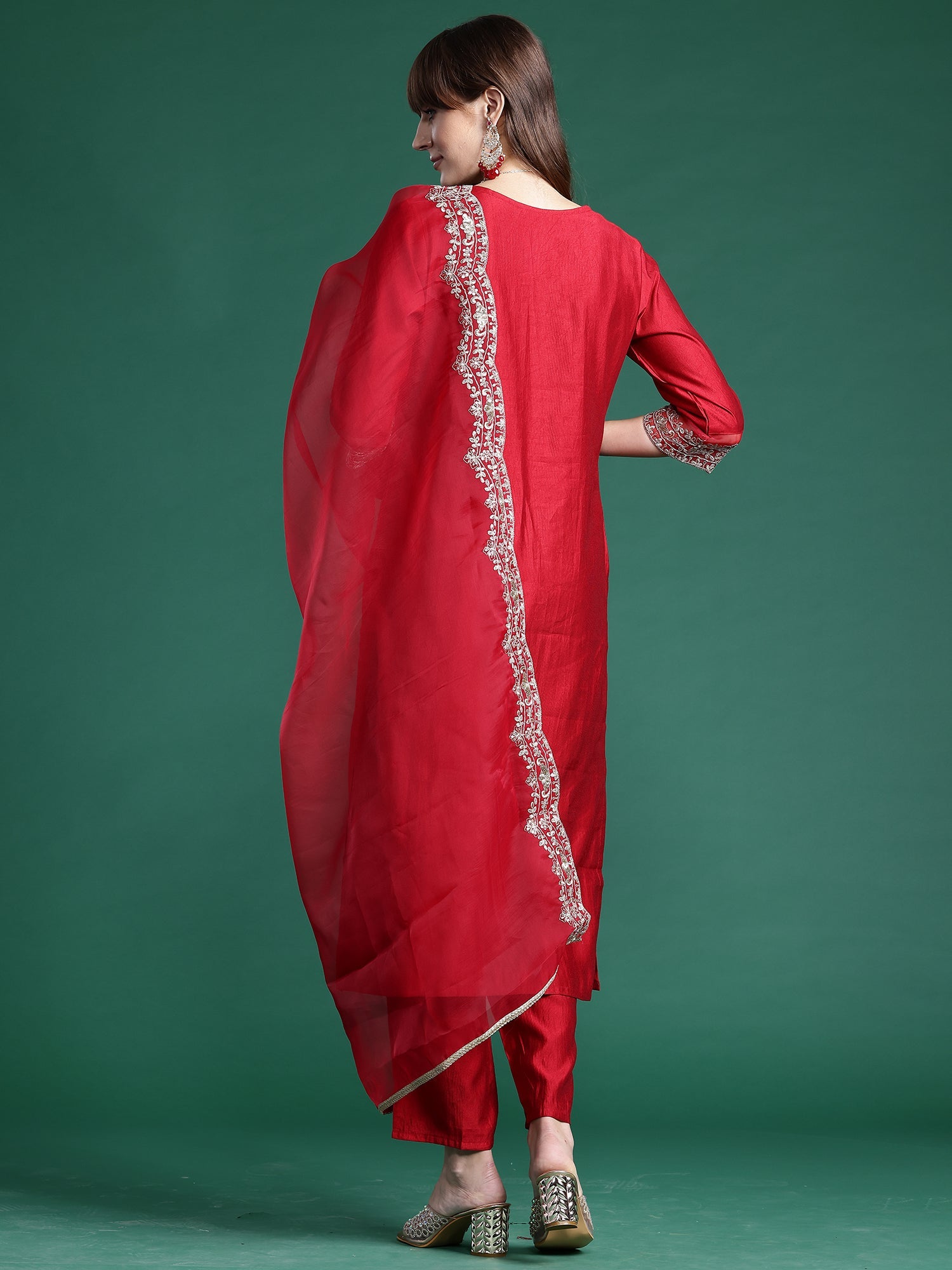 Women's Red Liva Kurta Set - Taantav