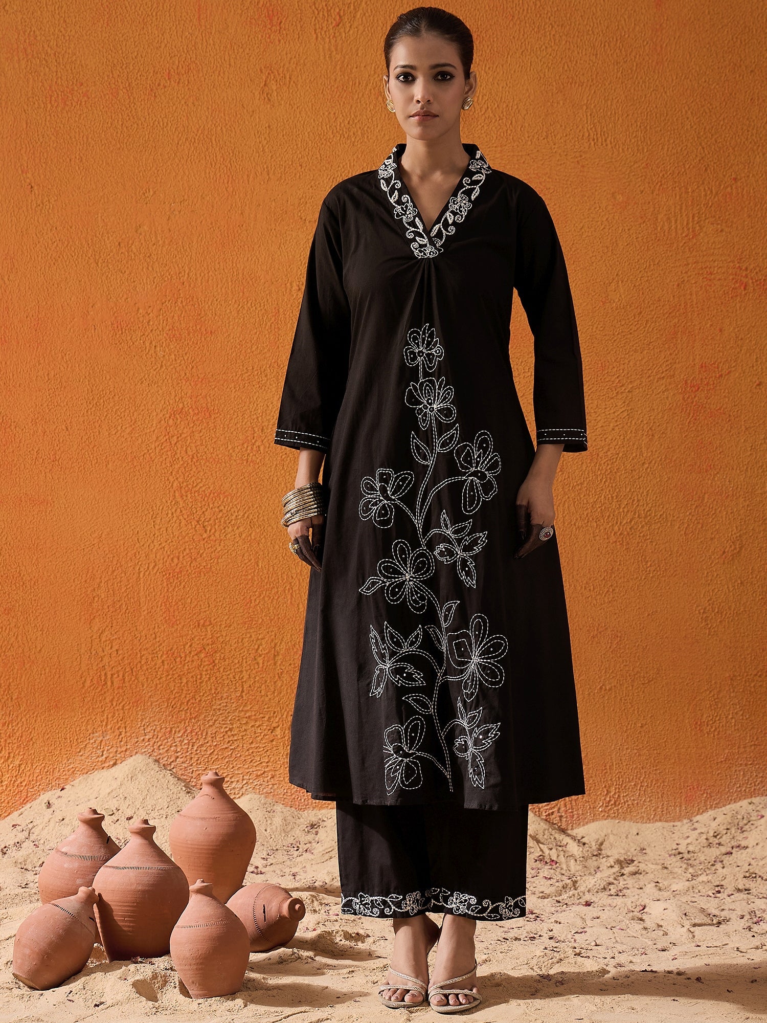 Women's Black Pure Cotton Kurta Set - Taantav