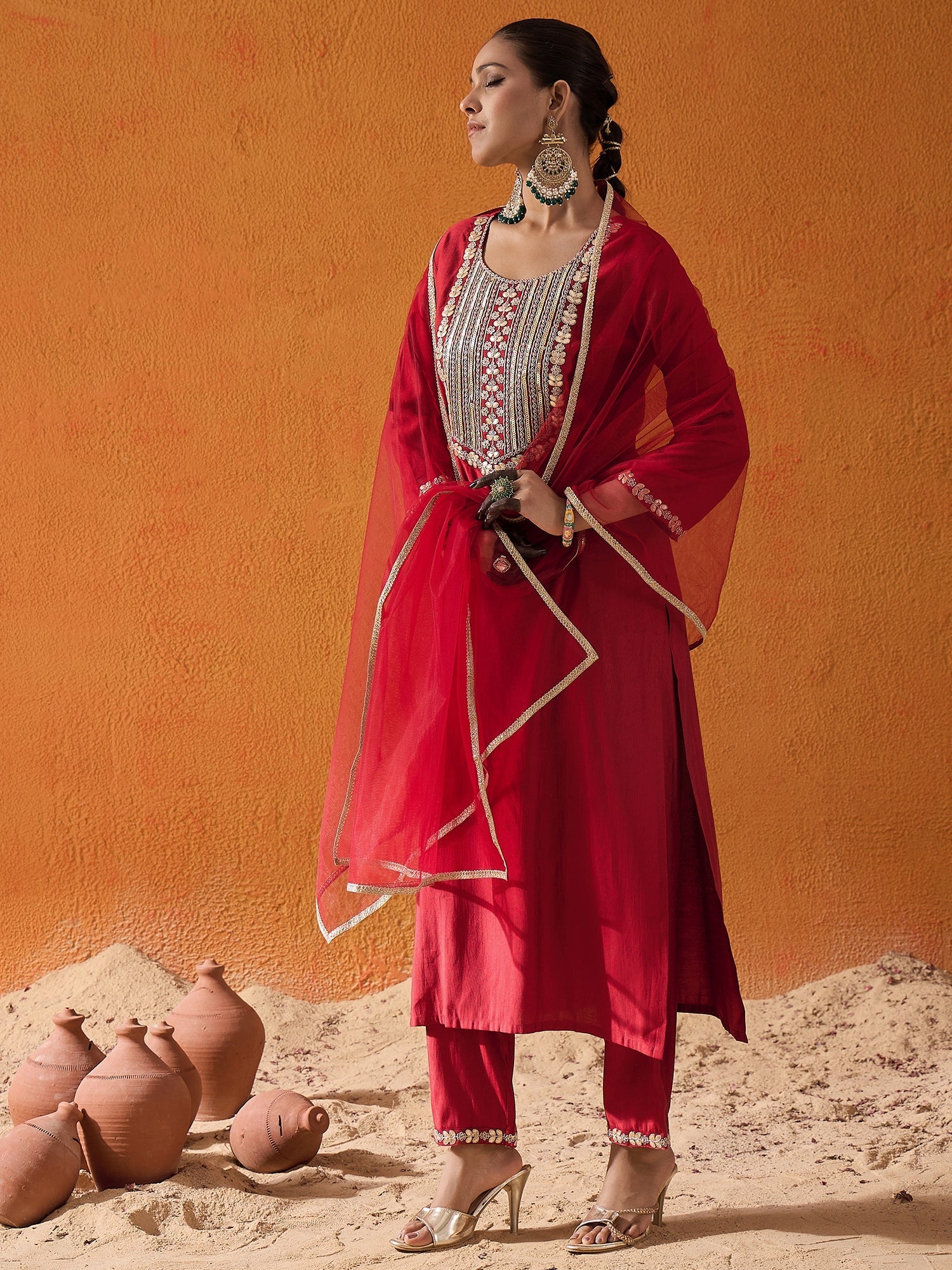 Women's Red Liva Kurta Set - Taantav