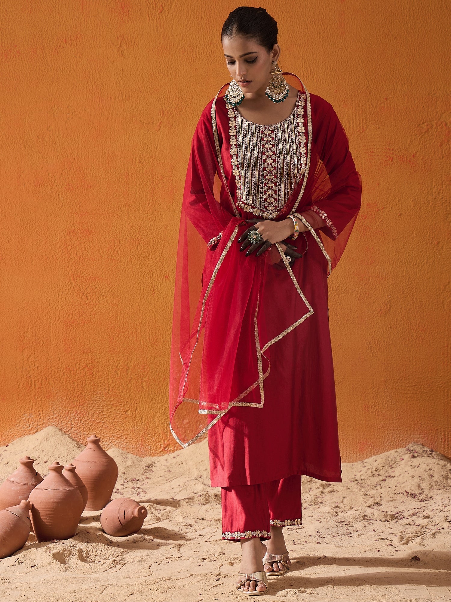 Women's Red Liva Kurta Set - Taantav