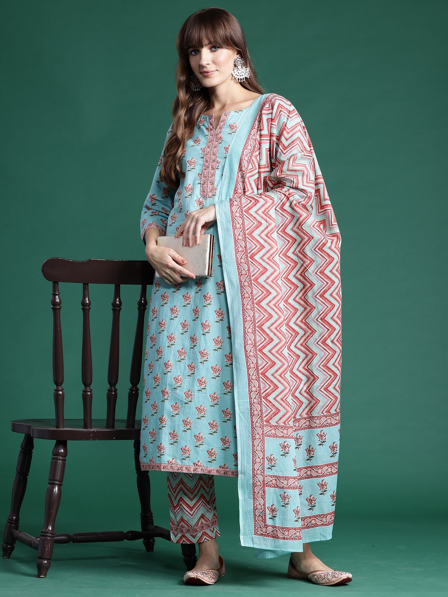 Women's Turquoise Blue Pure Cotton Kurta Set - Taantav