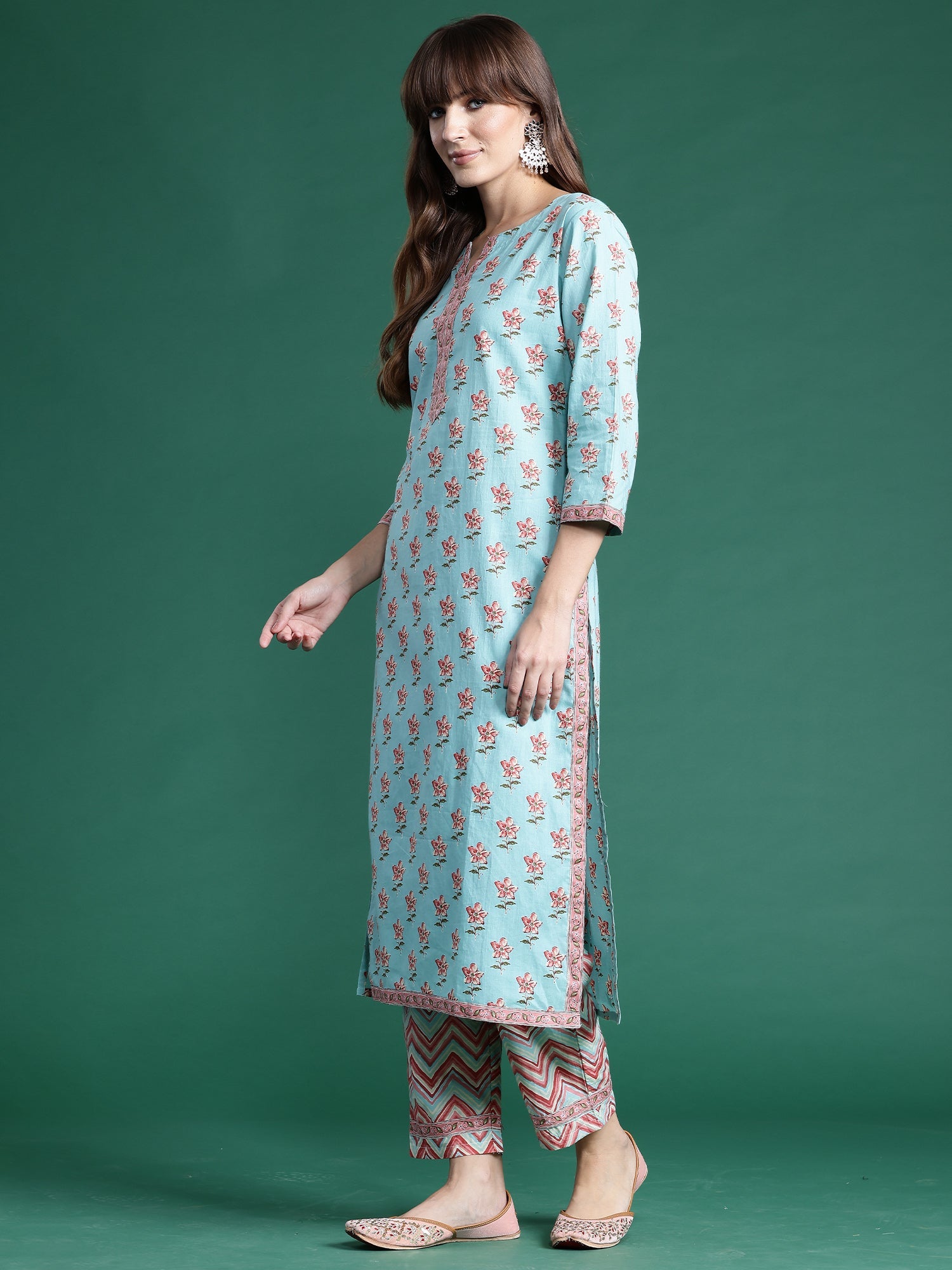 Women's Turquoise Blue Pure Cotton Kurta Set - Taantav