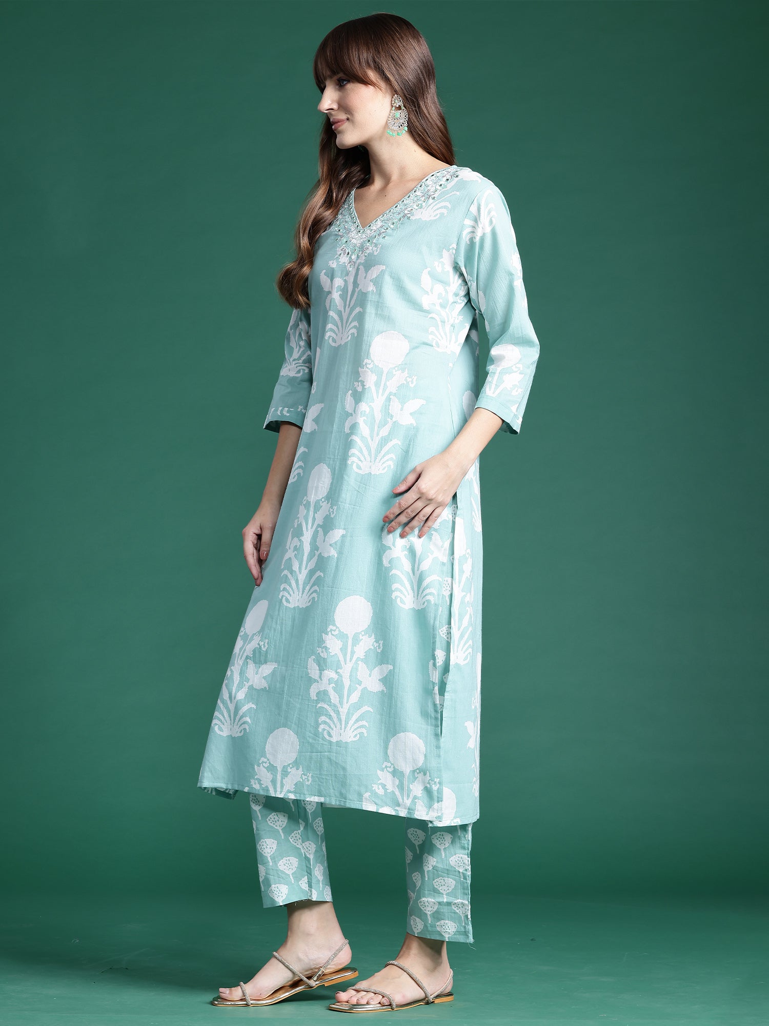 Women's Sea Green Pure Cotton Kurta Set - Taantav