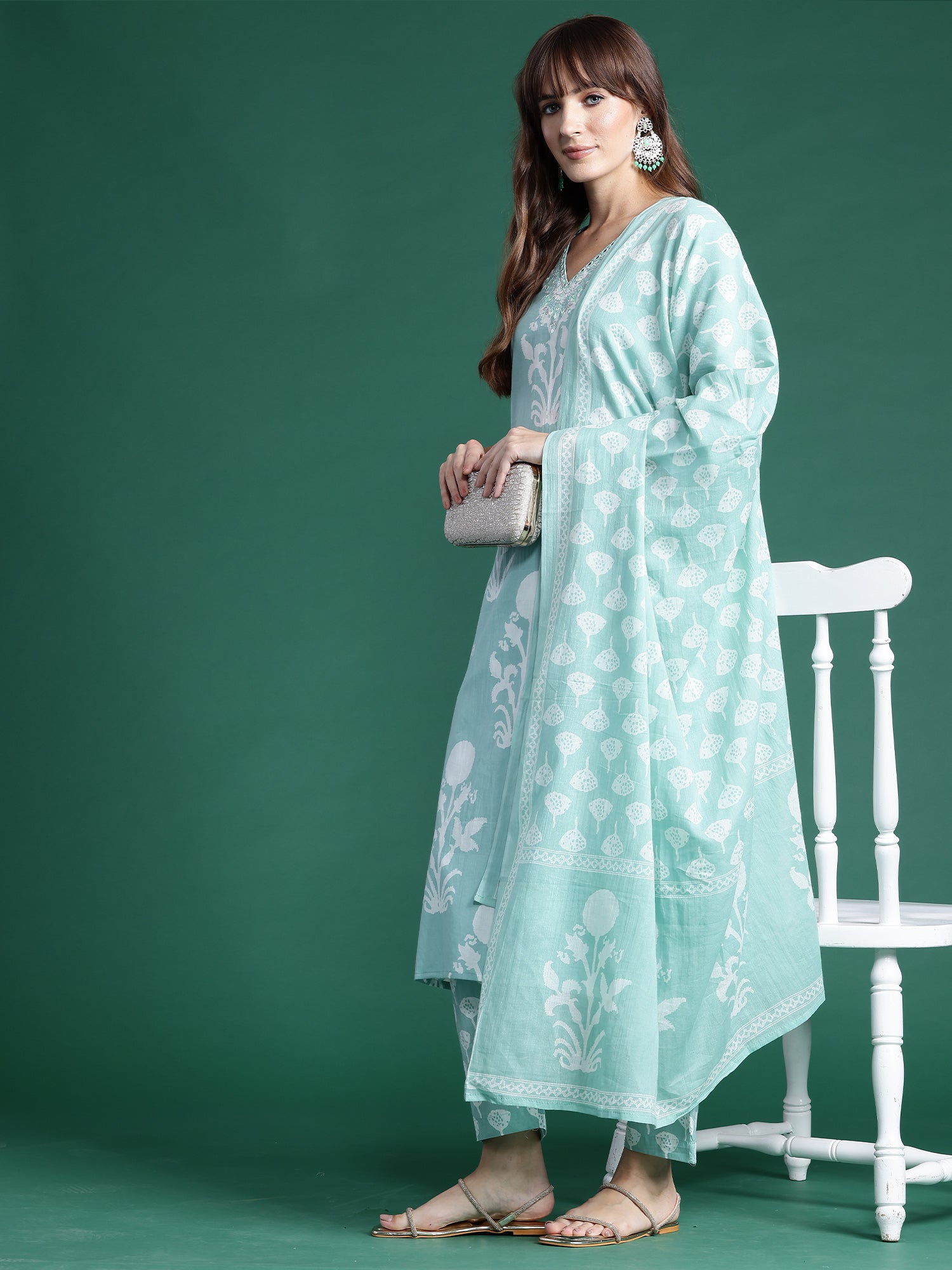 Women's Sea Green Pure Cotton Kurta Set - Taantav