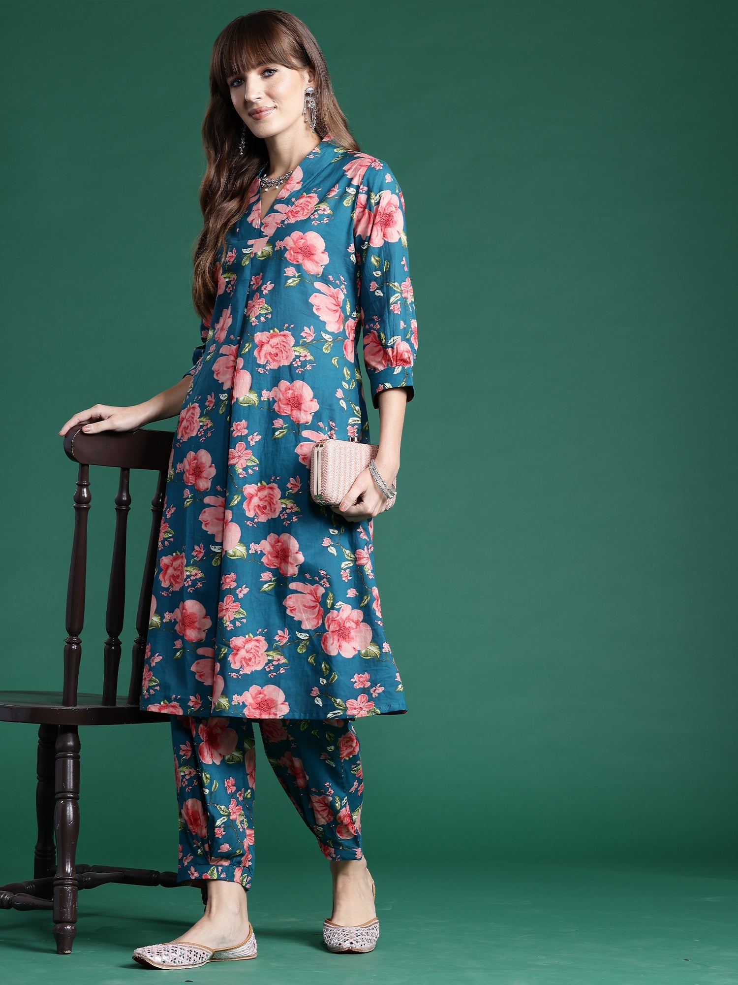 Women's Teal Pure Cotton Kurta Set - Taantav