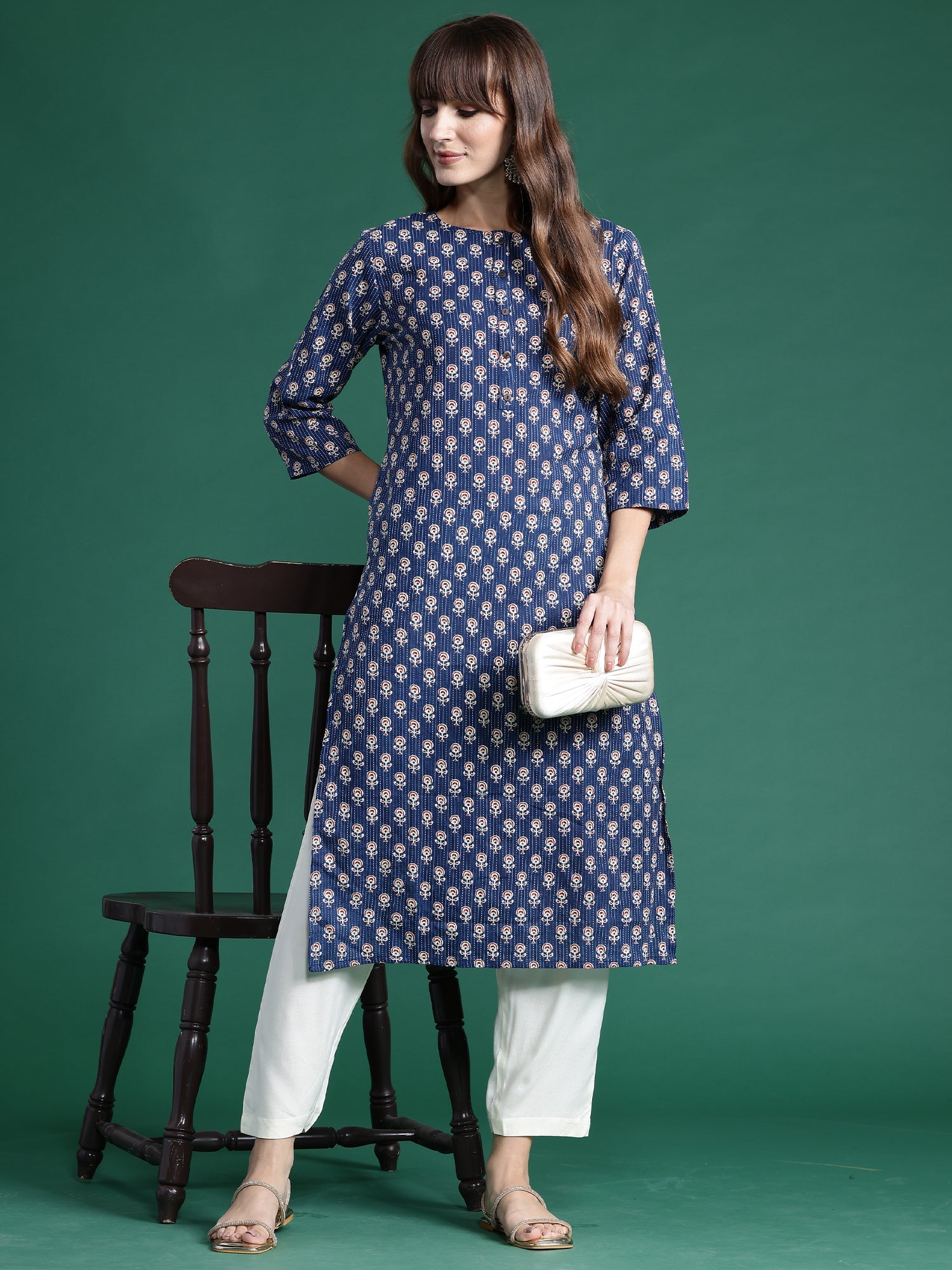 Women's Navy Blue Cotton Kurta - Taantav