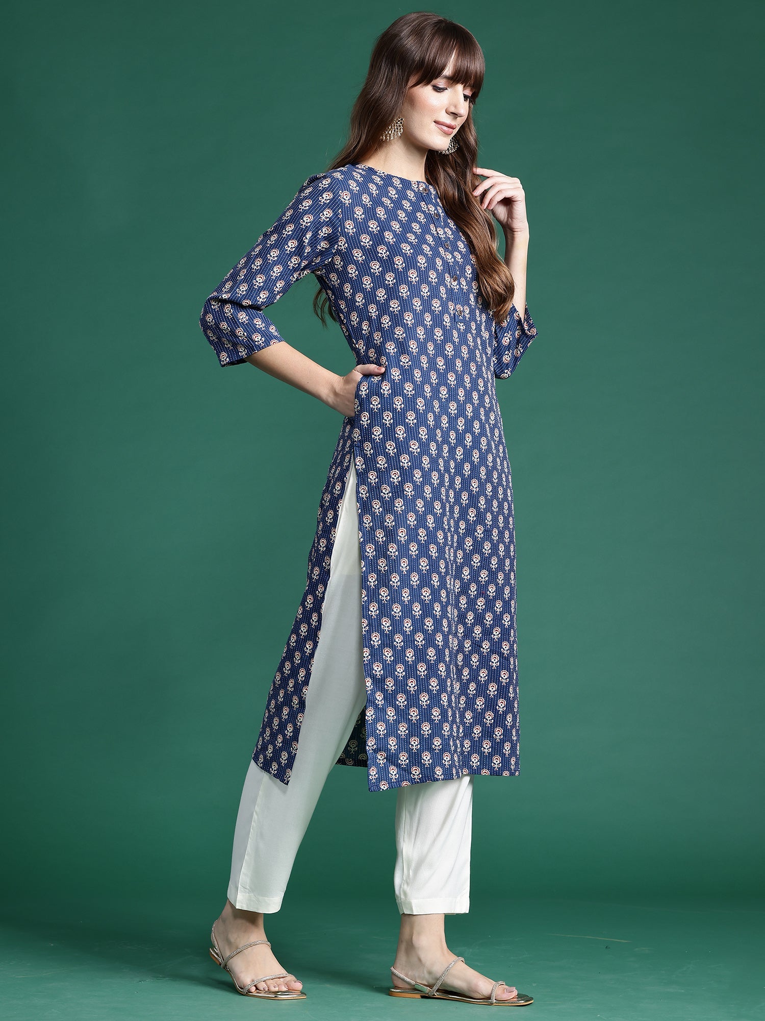 Women's Navy Blue Cotton Kurta - Taantav