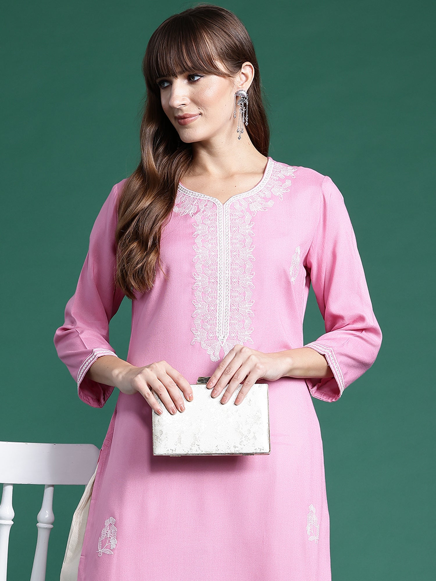 Women's Pink Viscose Rayon Kurta - Taantav