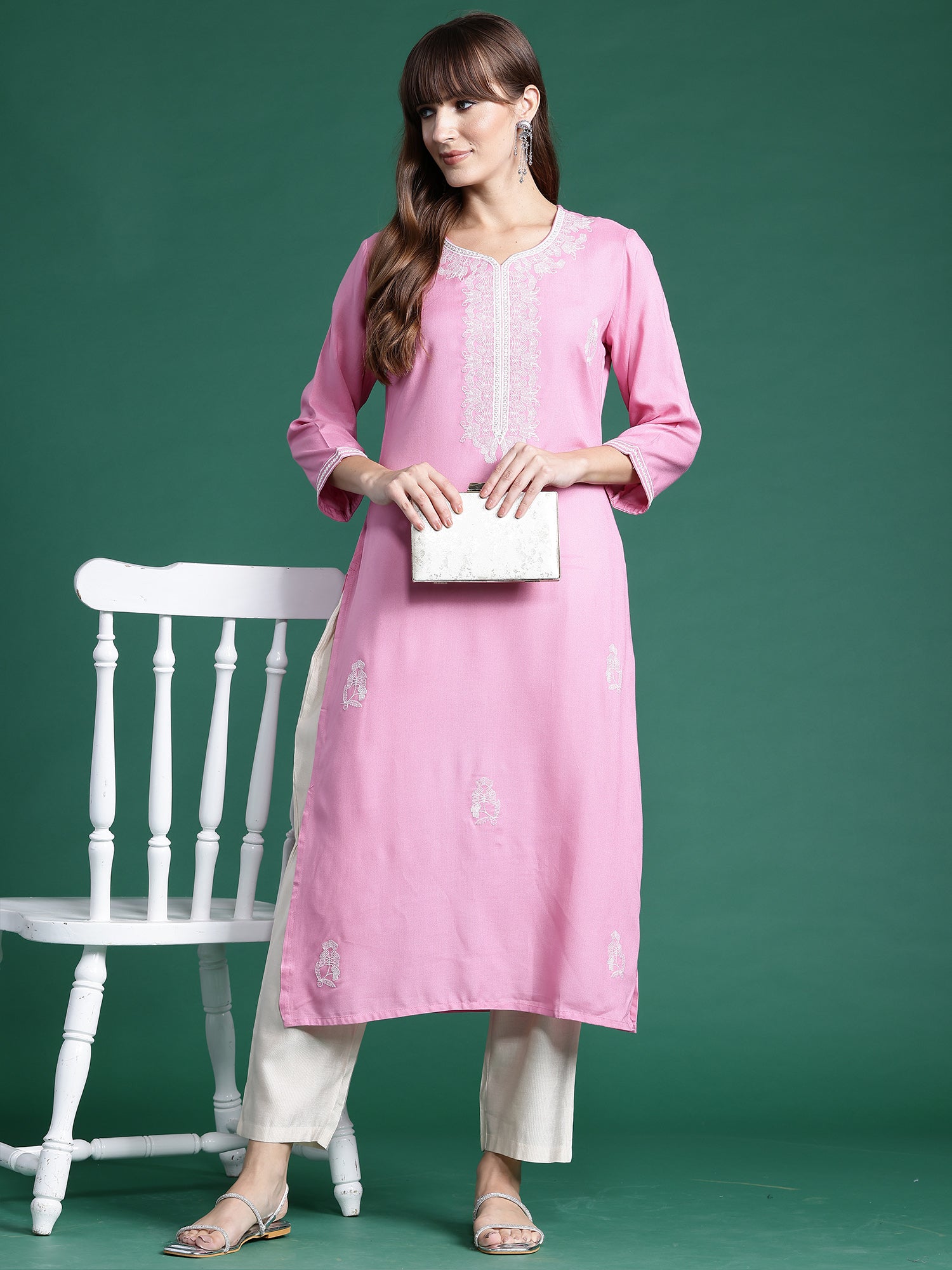 Women's Pink Viscose Rayon Kurta - Taantav