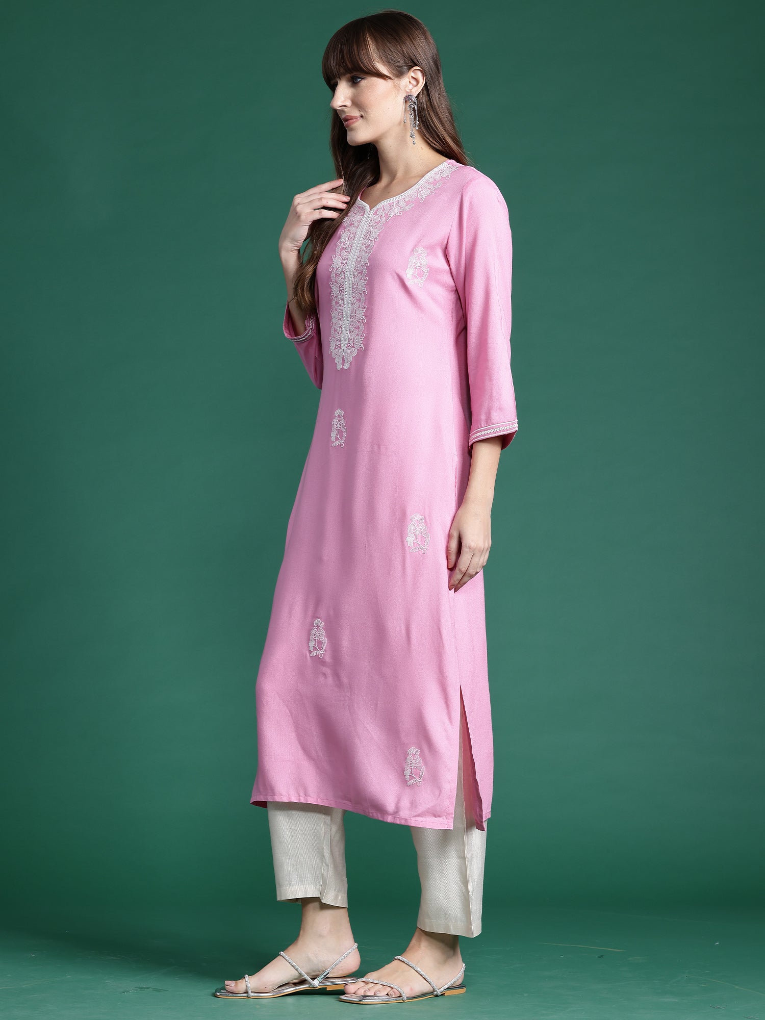 Women's Pink Viscose Rayon Kurta - Taantav