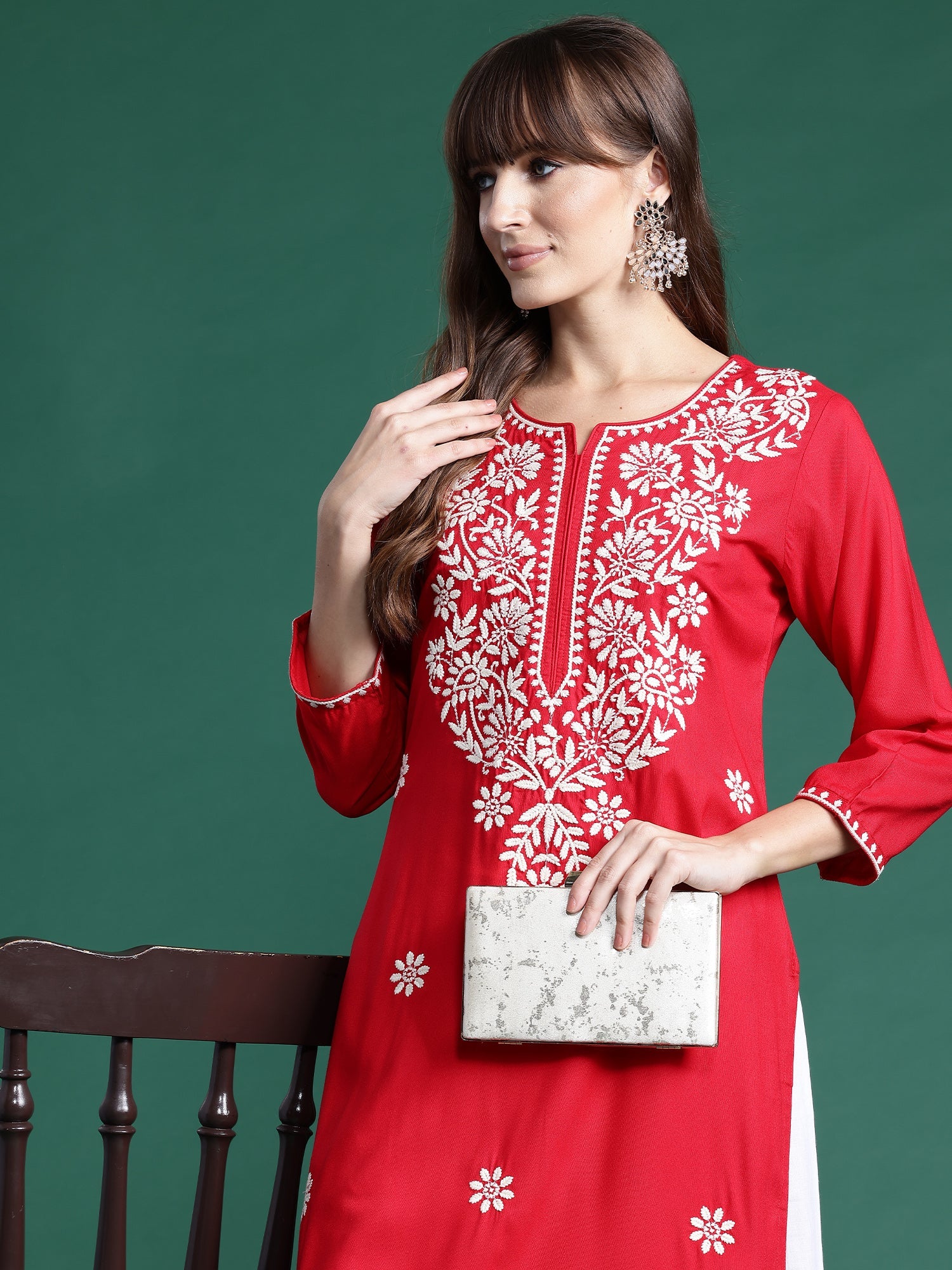 Women's Red Viscose Rayon Kurta - Taantav