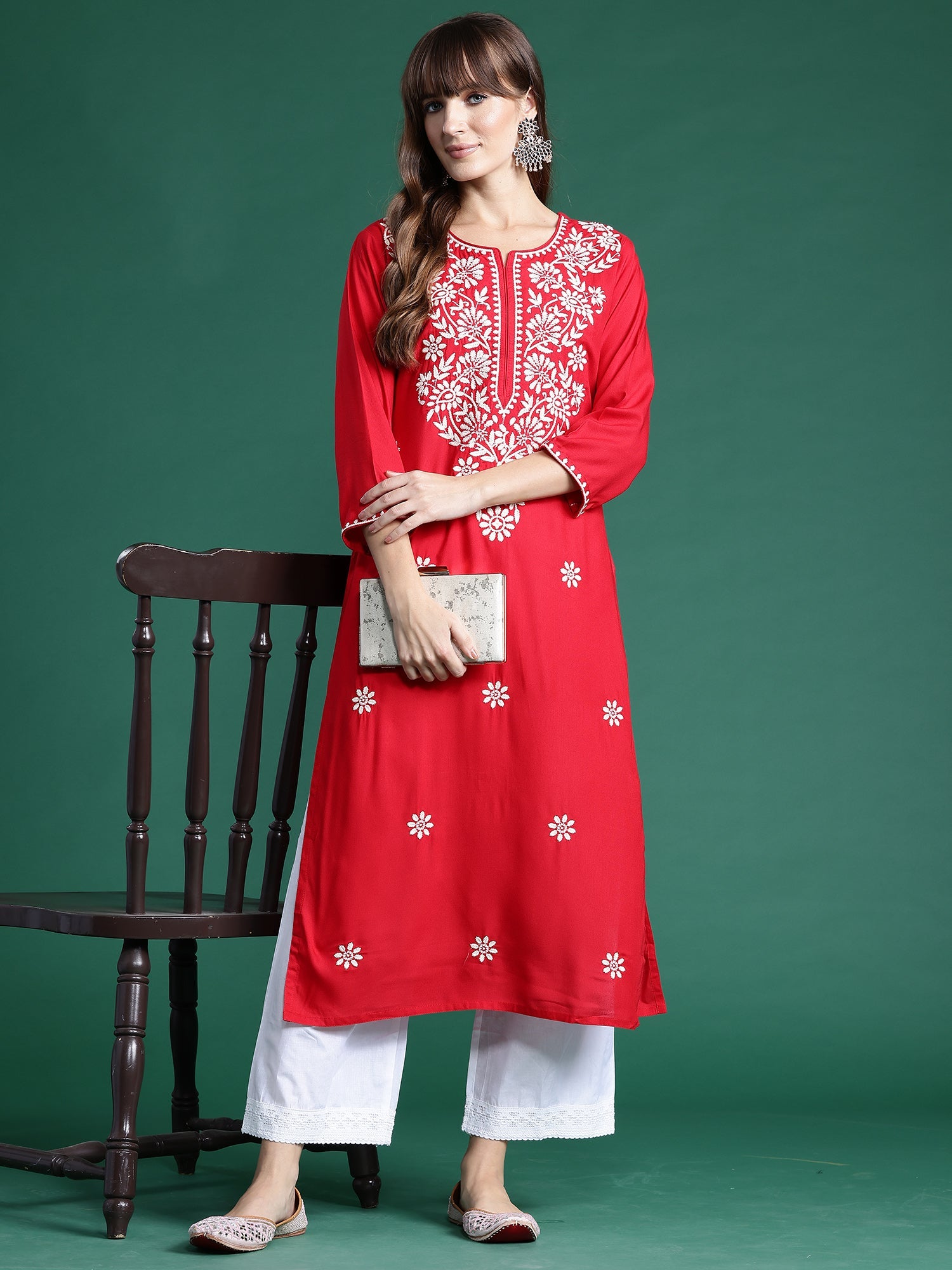 Women's Red Viscose Rayon Kurta - Taantav