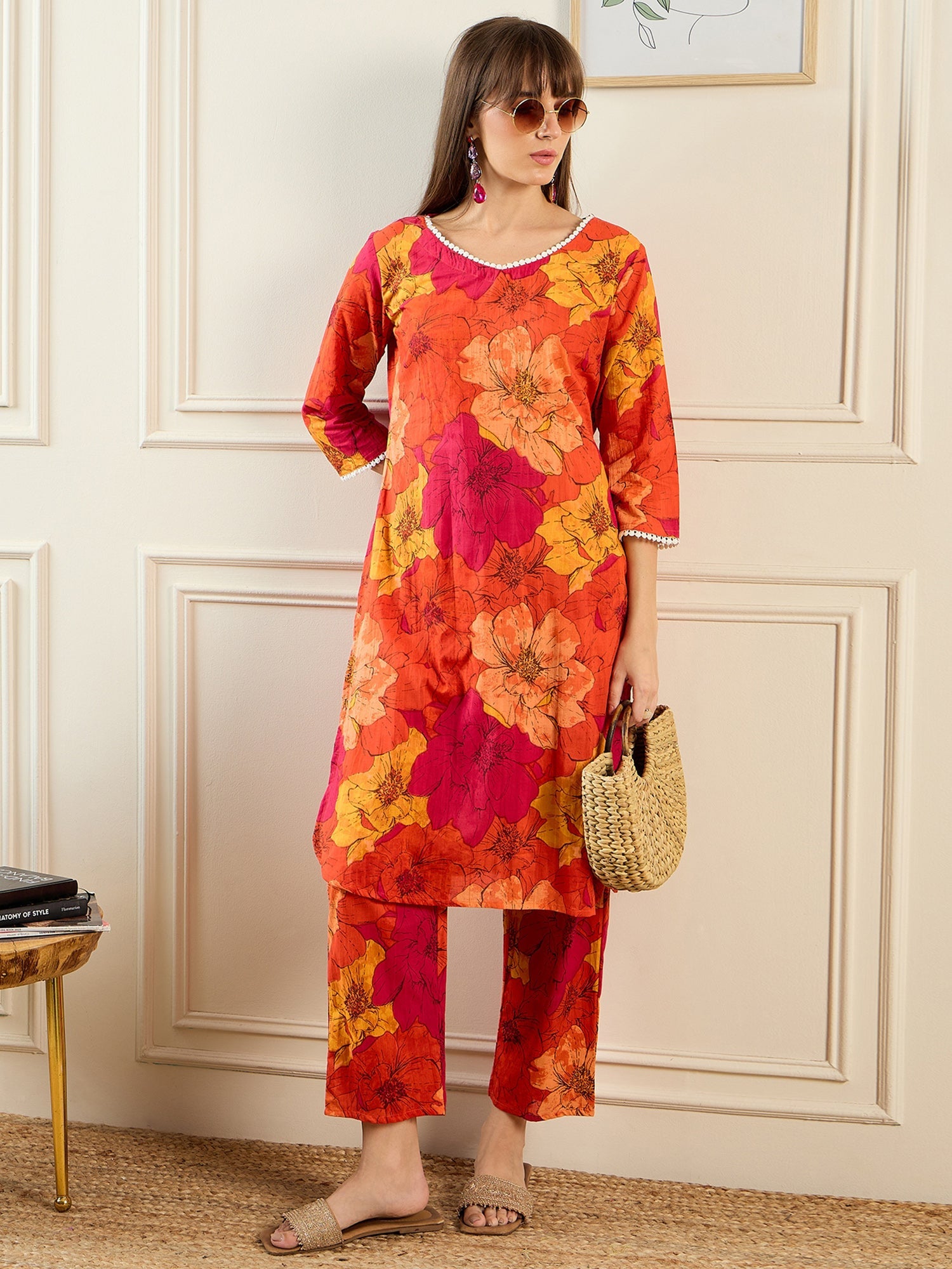 Women's Orange Pure Cotton Kurta Set - Taantav