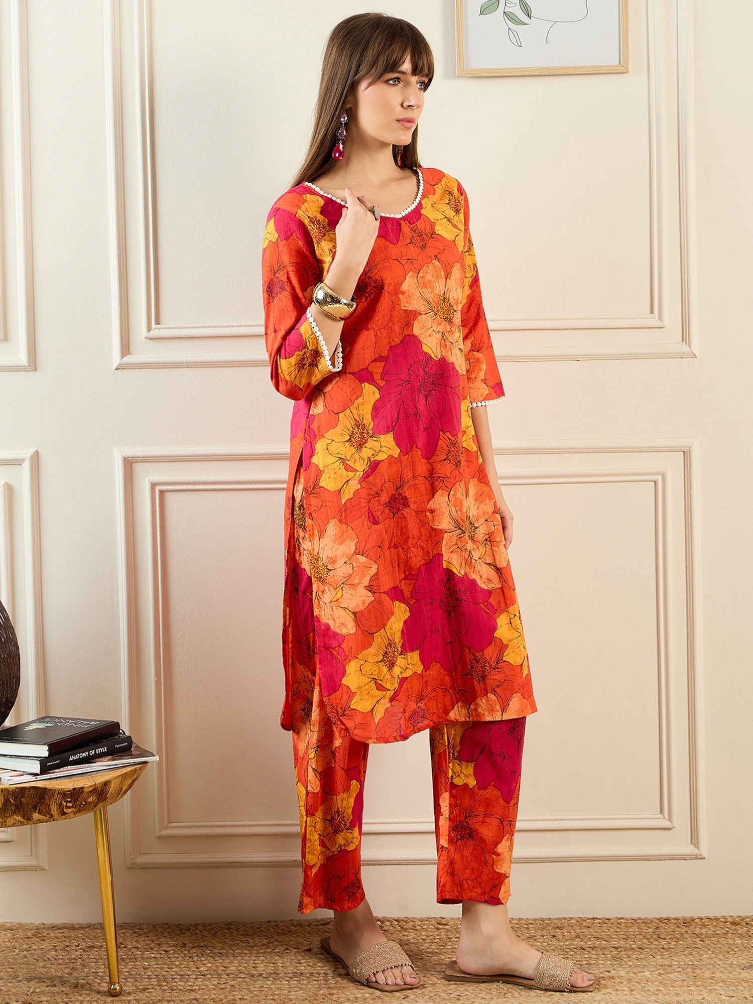 Women's Orange Pure Cotton Kurta Set - Taantav