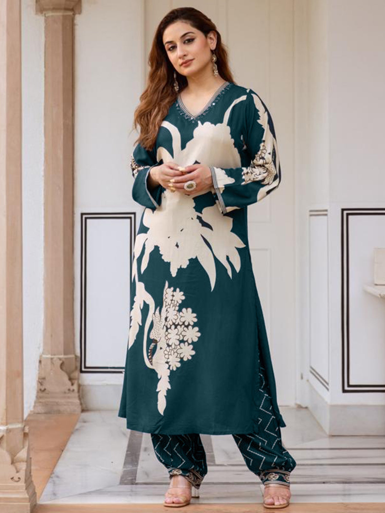 Women's Teal Viscose Rayon Kurta Set - Taantav