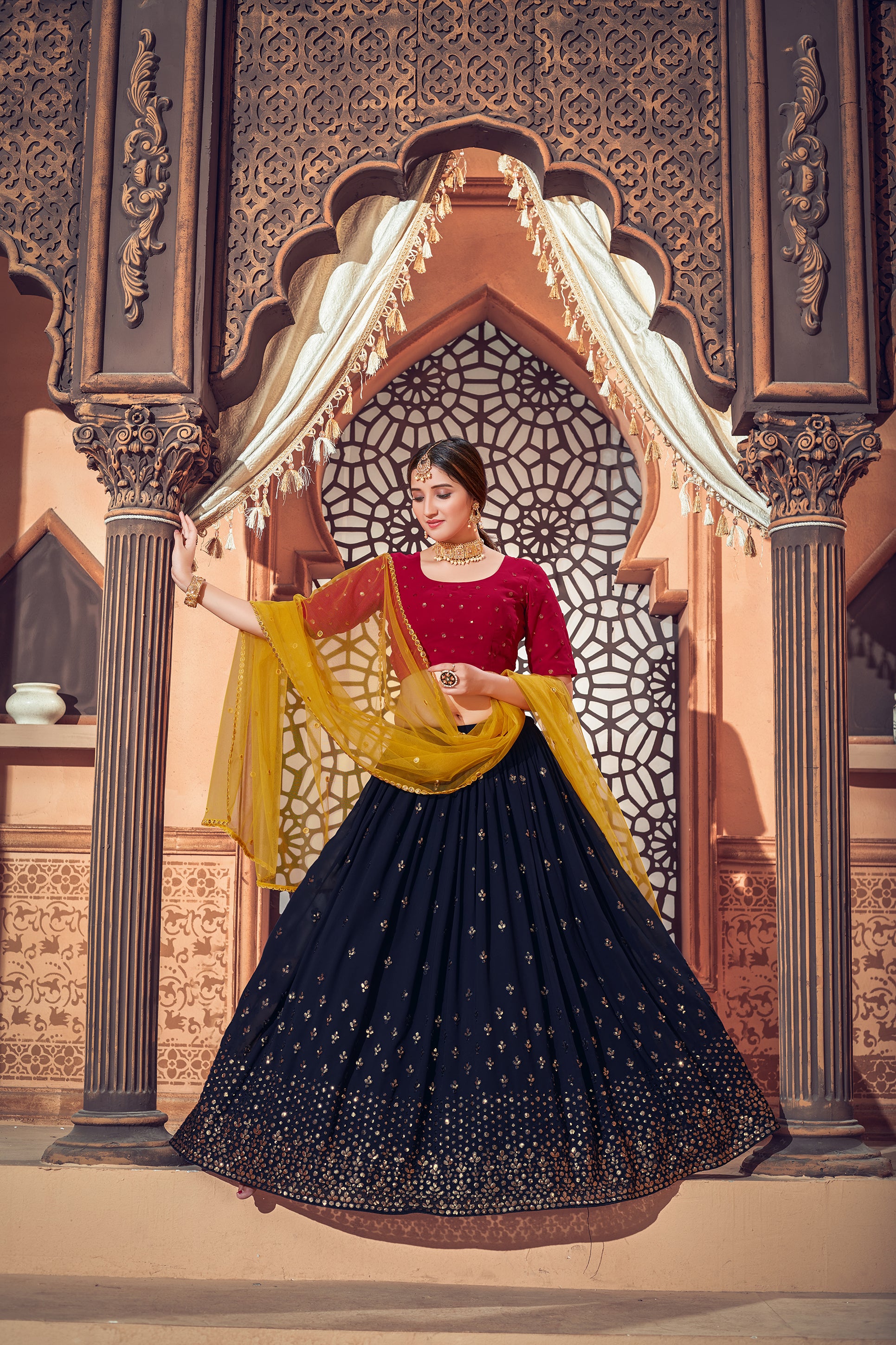 Women's Navy Blue Georgette Thread With Sequince Embroidered Lehenga Set - Shubhkala