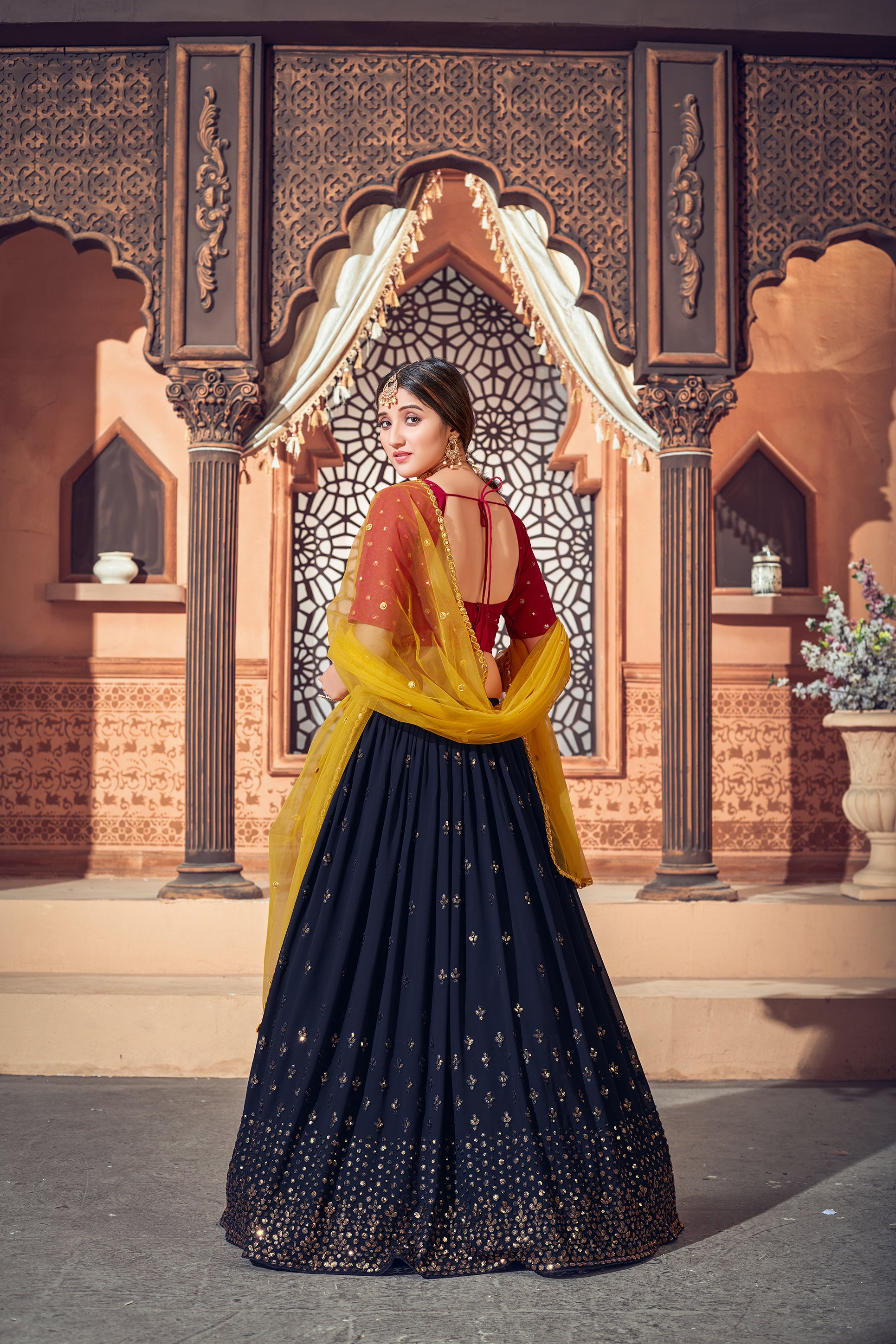 Women's Navy Blue Georgette Thread With Sequince Embroidered Lehenga Set - Shubhkala