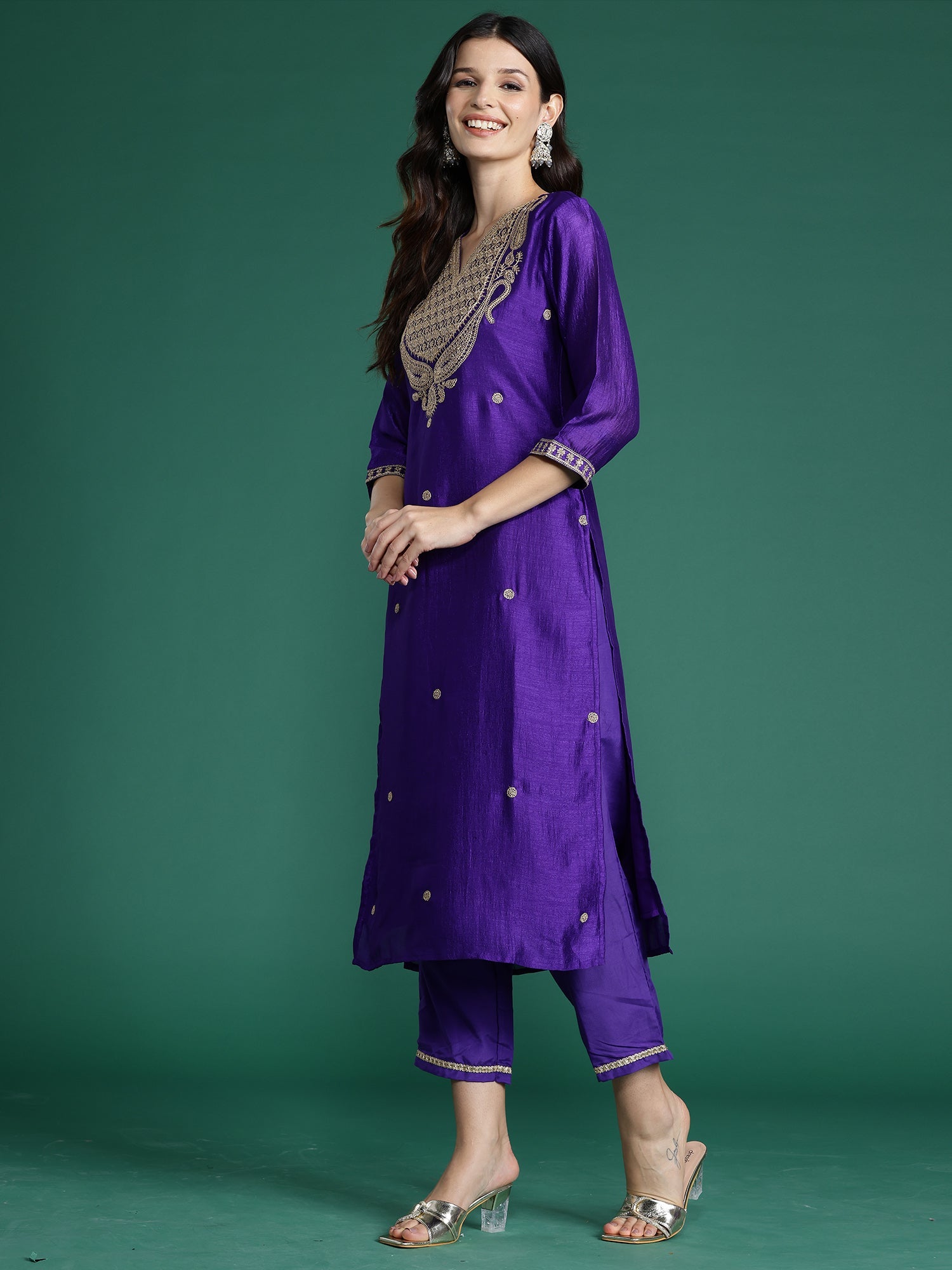 Women's Purple Silk Blend Kurta Set - Taantav