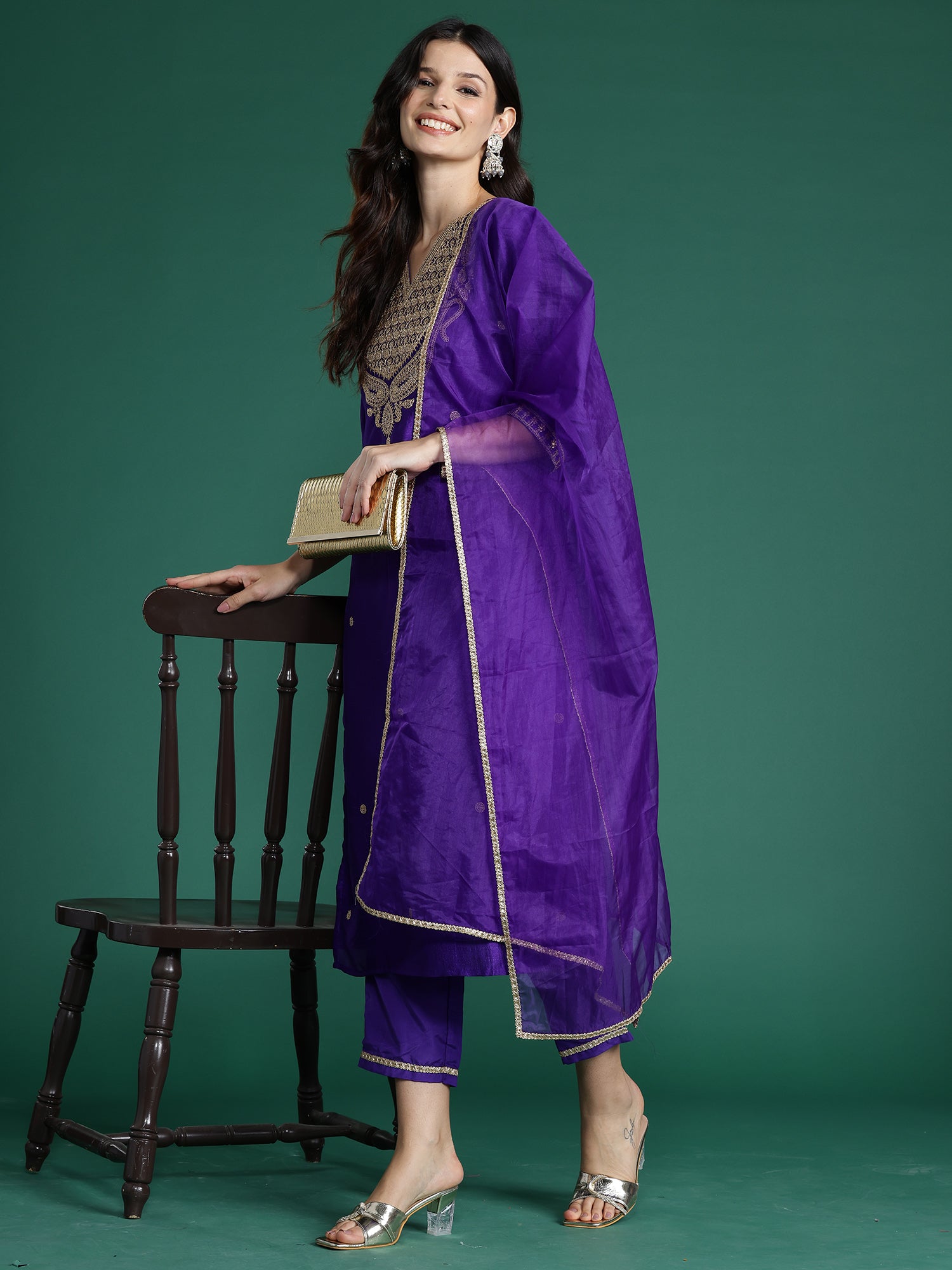 Women's Purple Silk Blend Kurta Set - Taantav