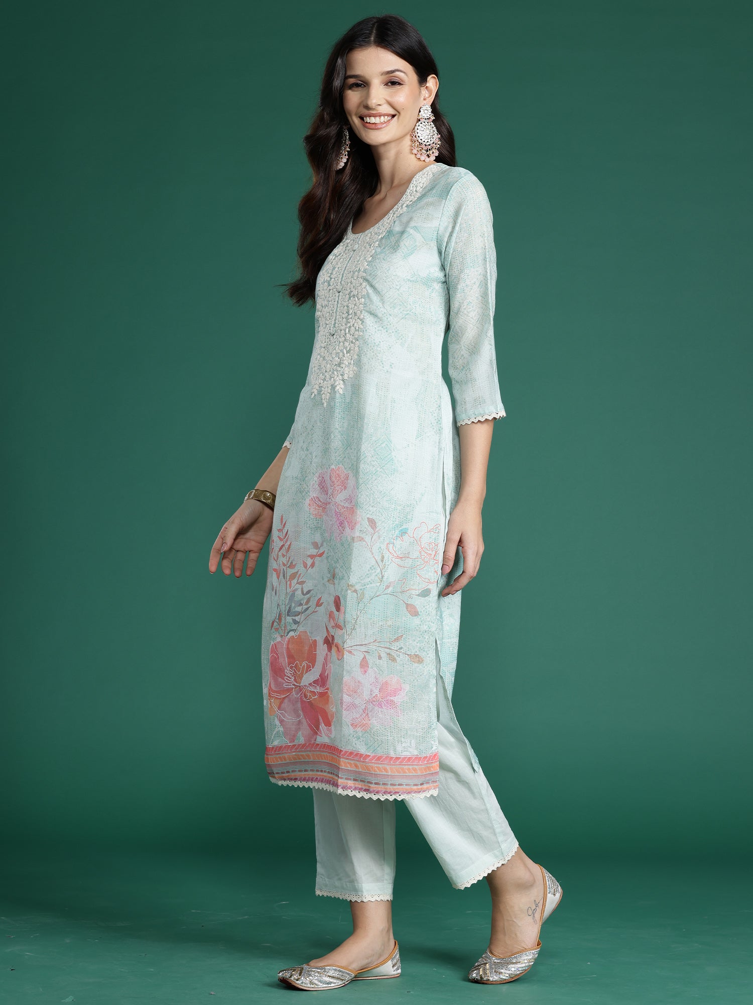 Women's Sea Green Cotton Blend Kurta Set - Taantav