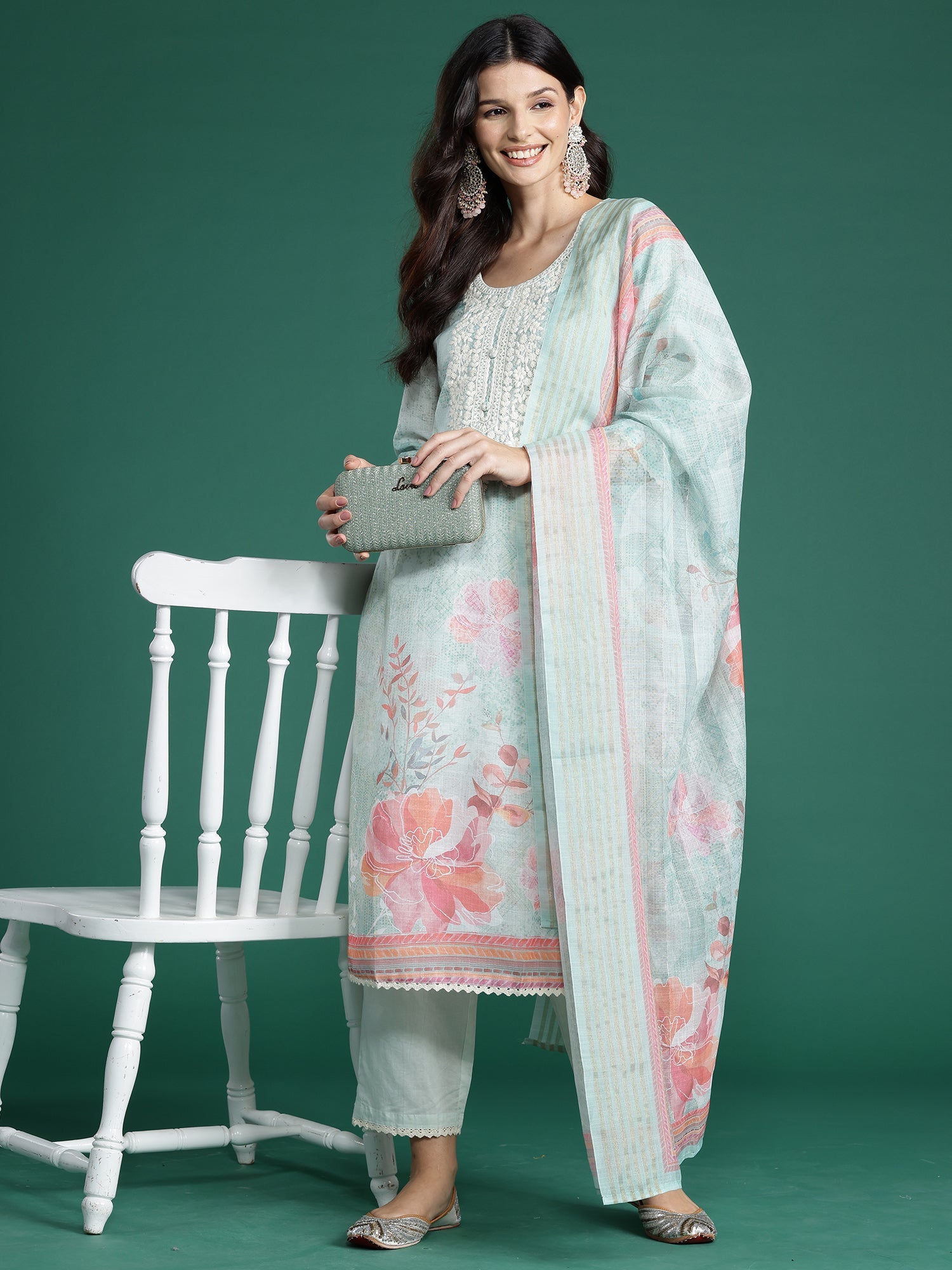 Women's Sea Green Cotton Blend Kurta Set - Taantav