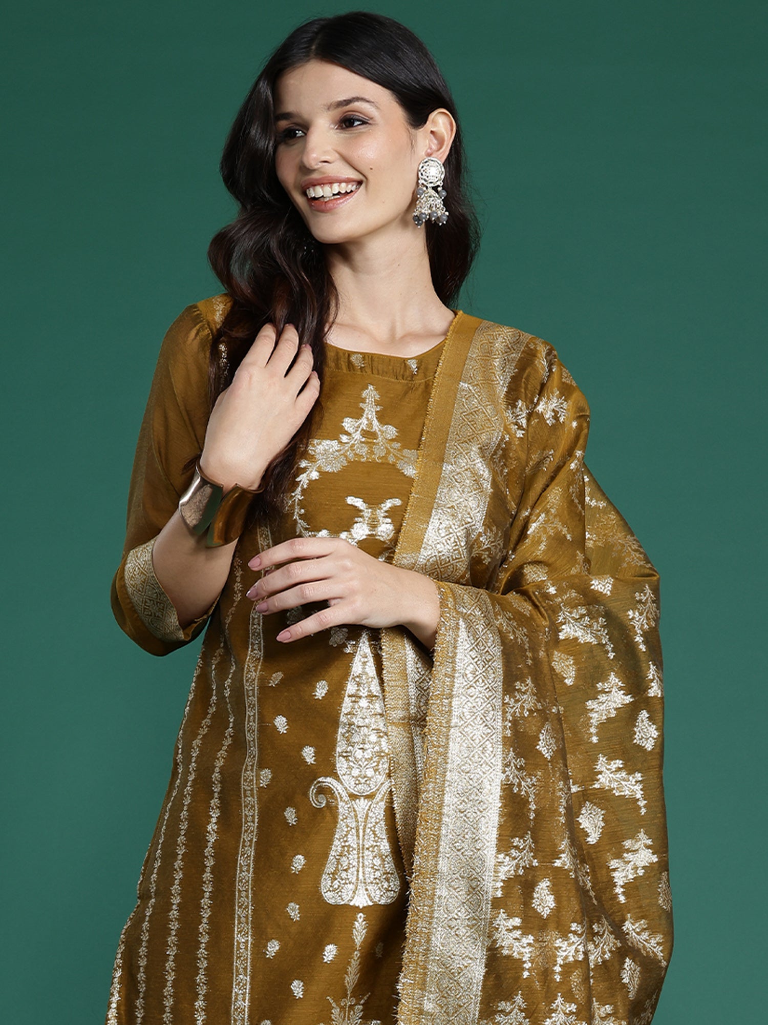 Women's Mustard Silk Blend Kurta Set - Taantav