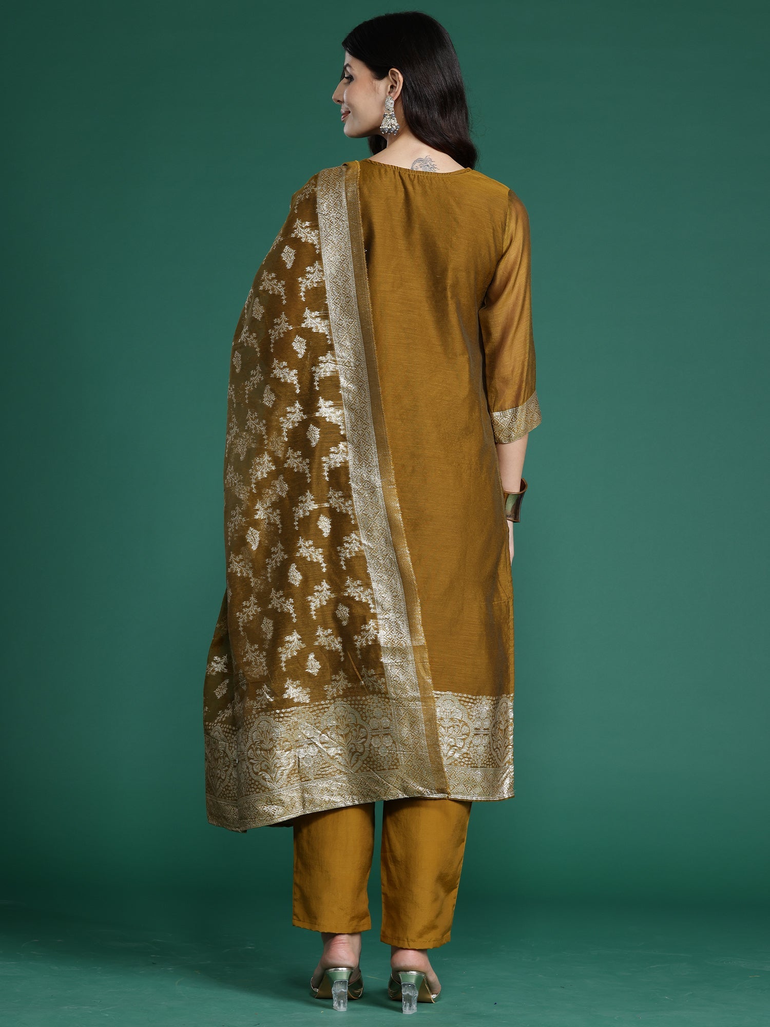 Women's Mustard Silk Blend Kurta Set - Taantav