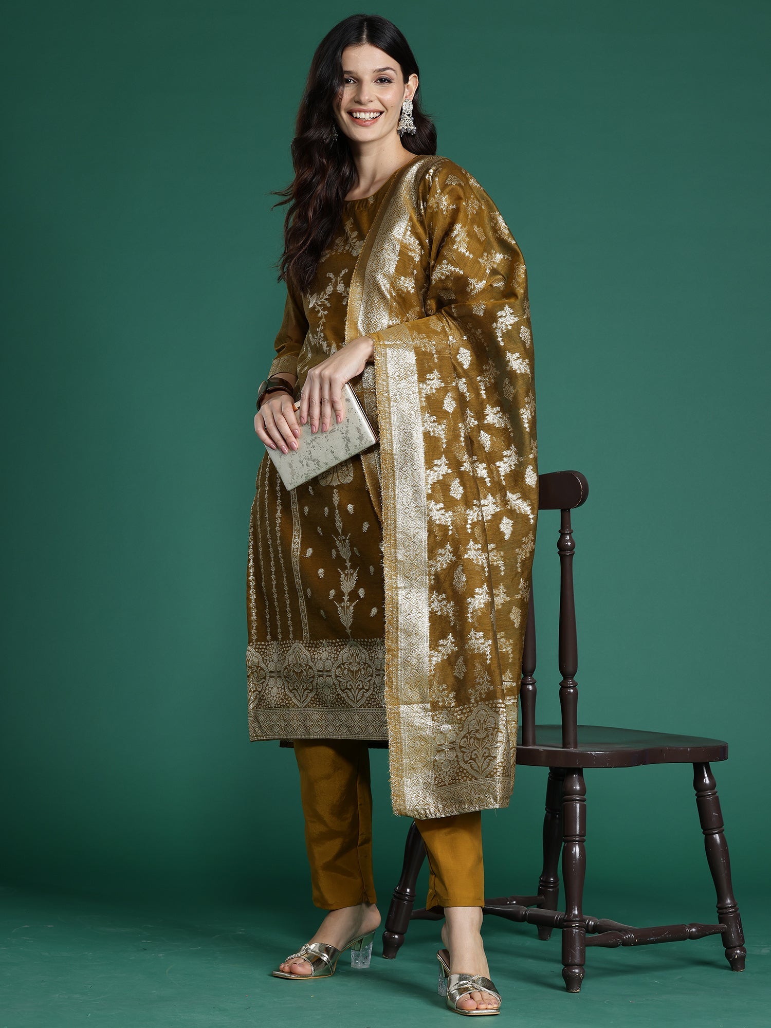 Women's Mustard Silk Blend Kurta Set - Taantav