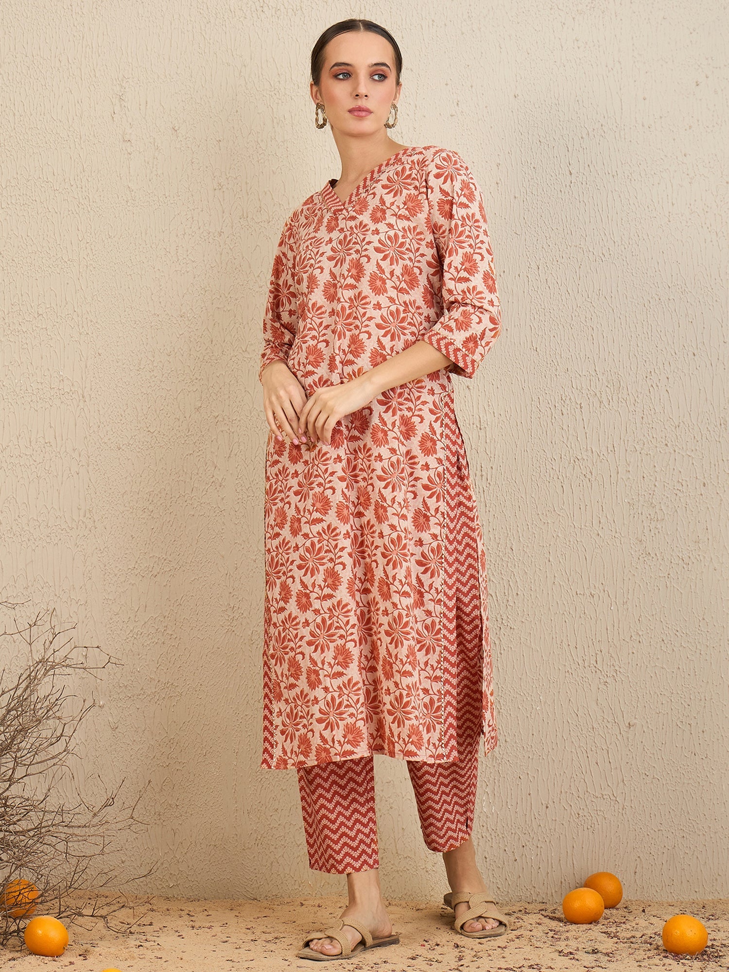 Women's Rust Pure Cotton Kurta Set - Taantav