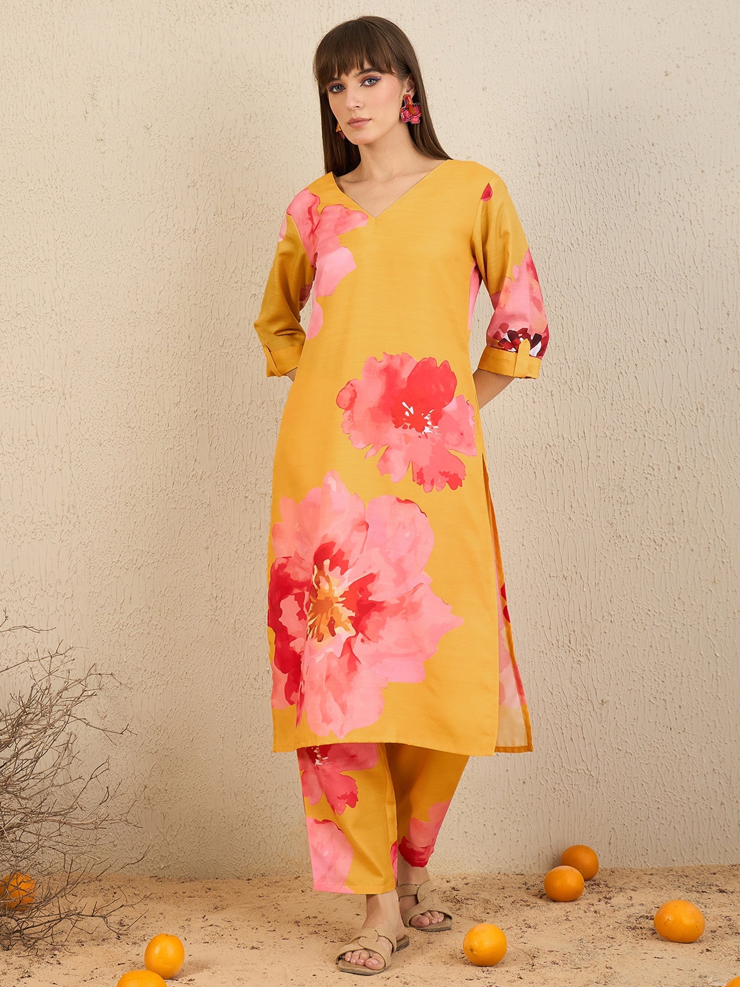 Women's Yellow Cotton Blend Kurta Set - Taantav