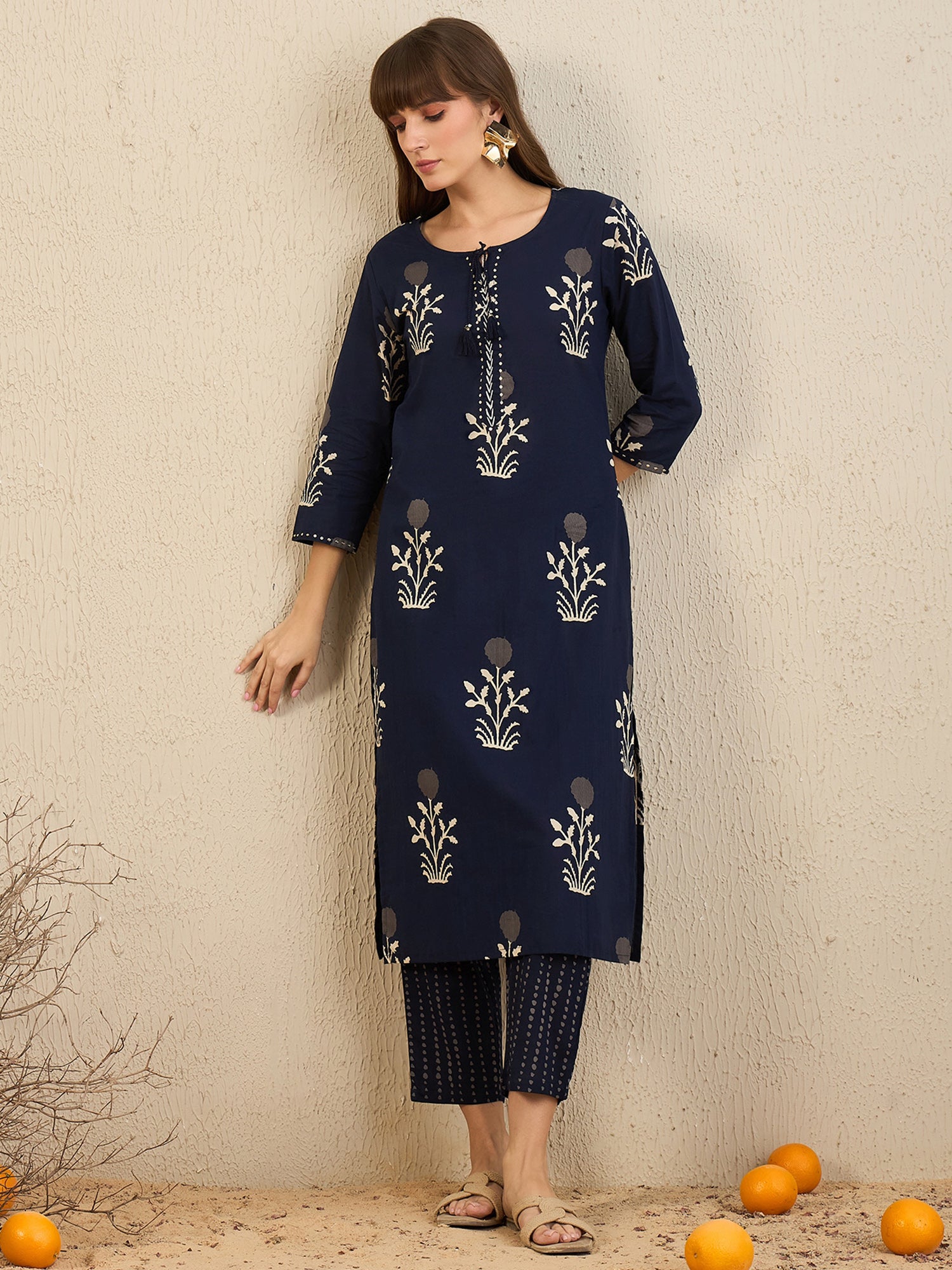 Women's Navy Blue Pure Cotton Kurta Set - Taantav