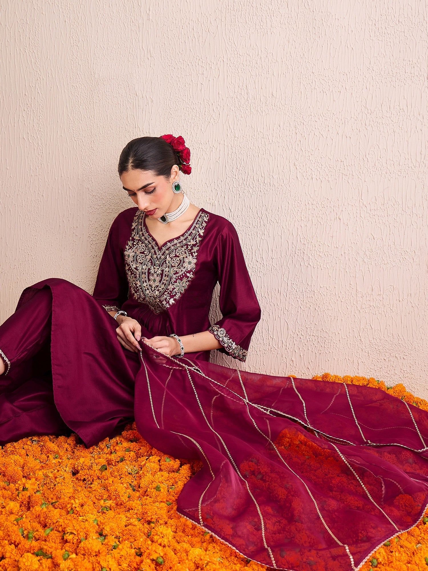 Women's Burgundy Liva Kurta Set - Taantav