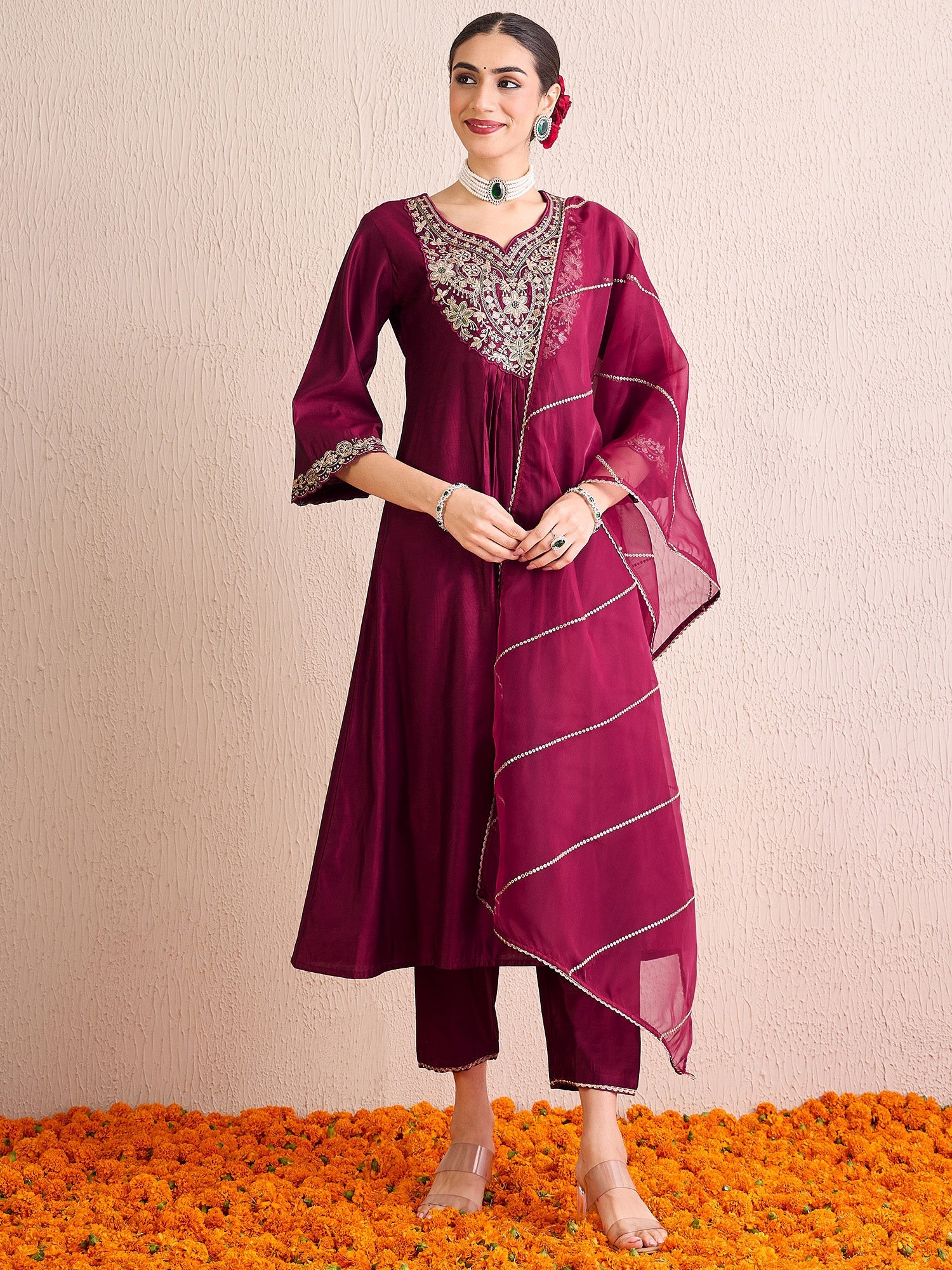 Women's Burgundy Liva Kurta Set - Taantav