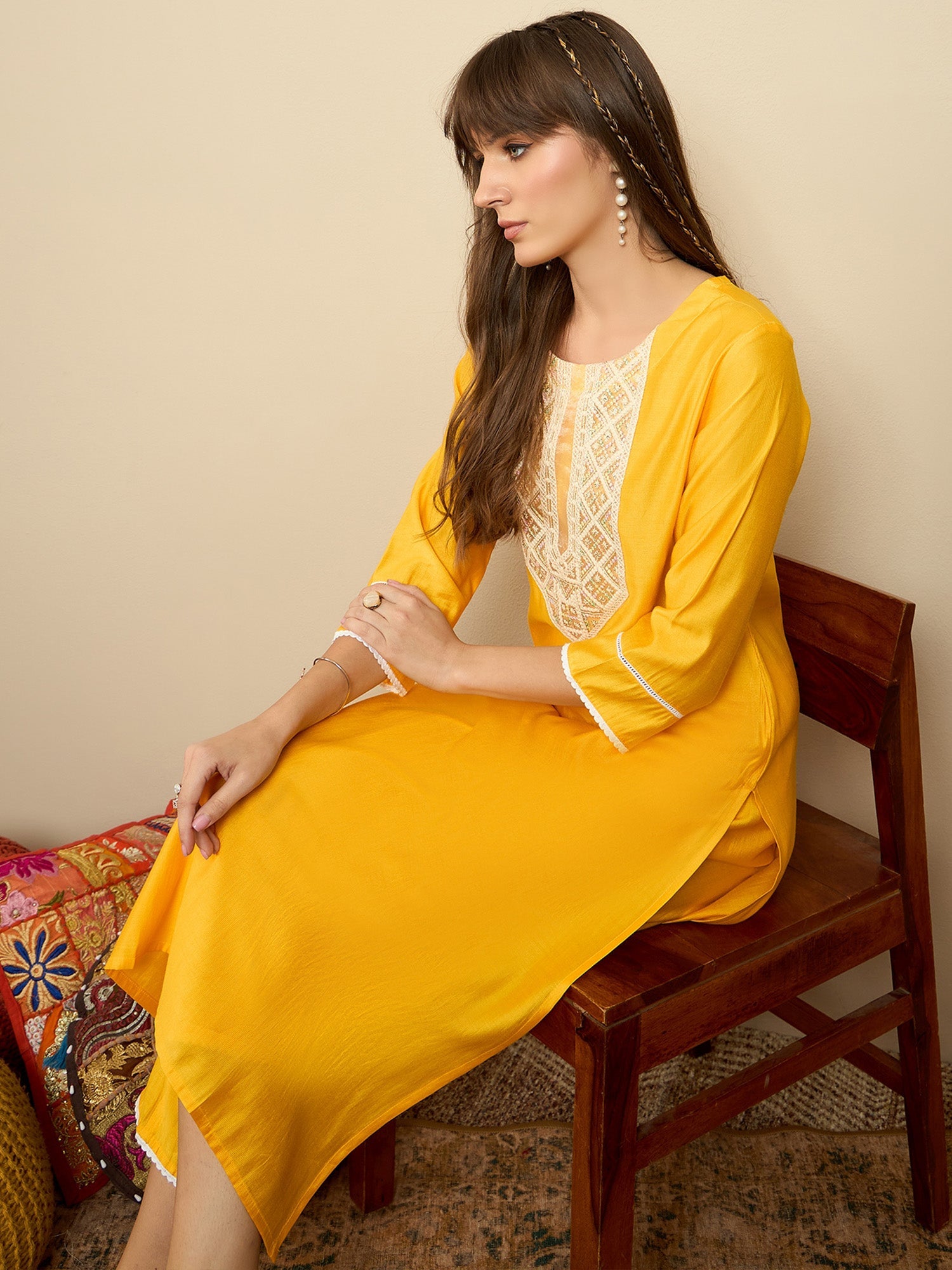 Women's Yellow Liva Kurta Set - Taantav