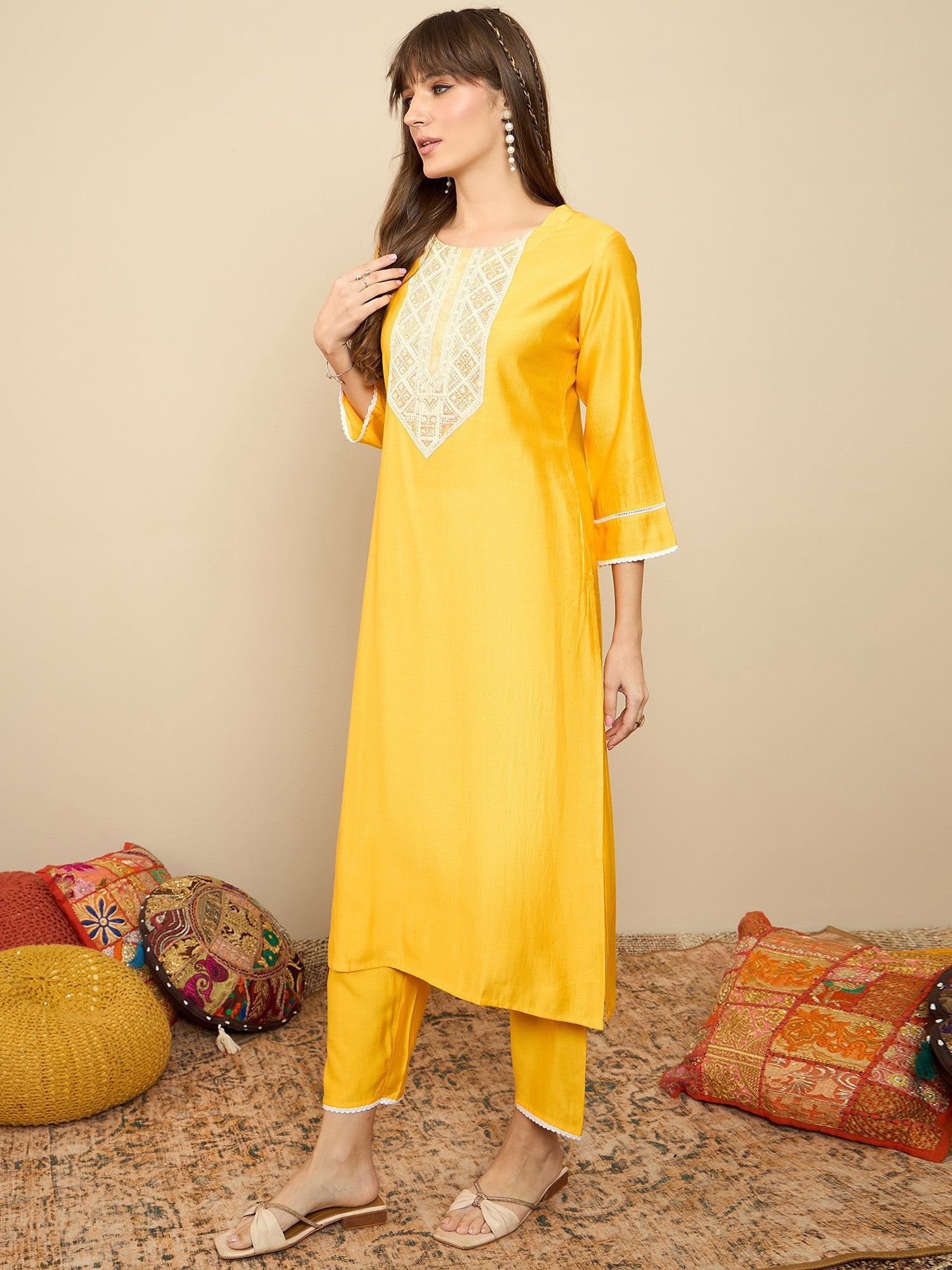 Women's Yellow Liva Kurta Set - Taantav