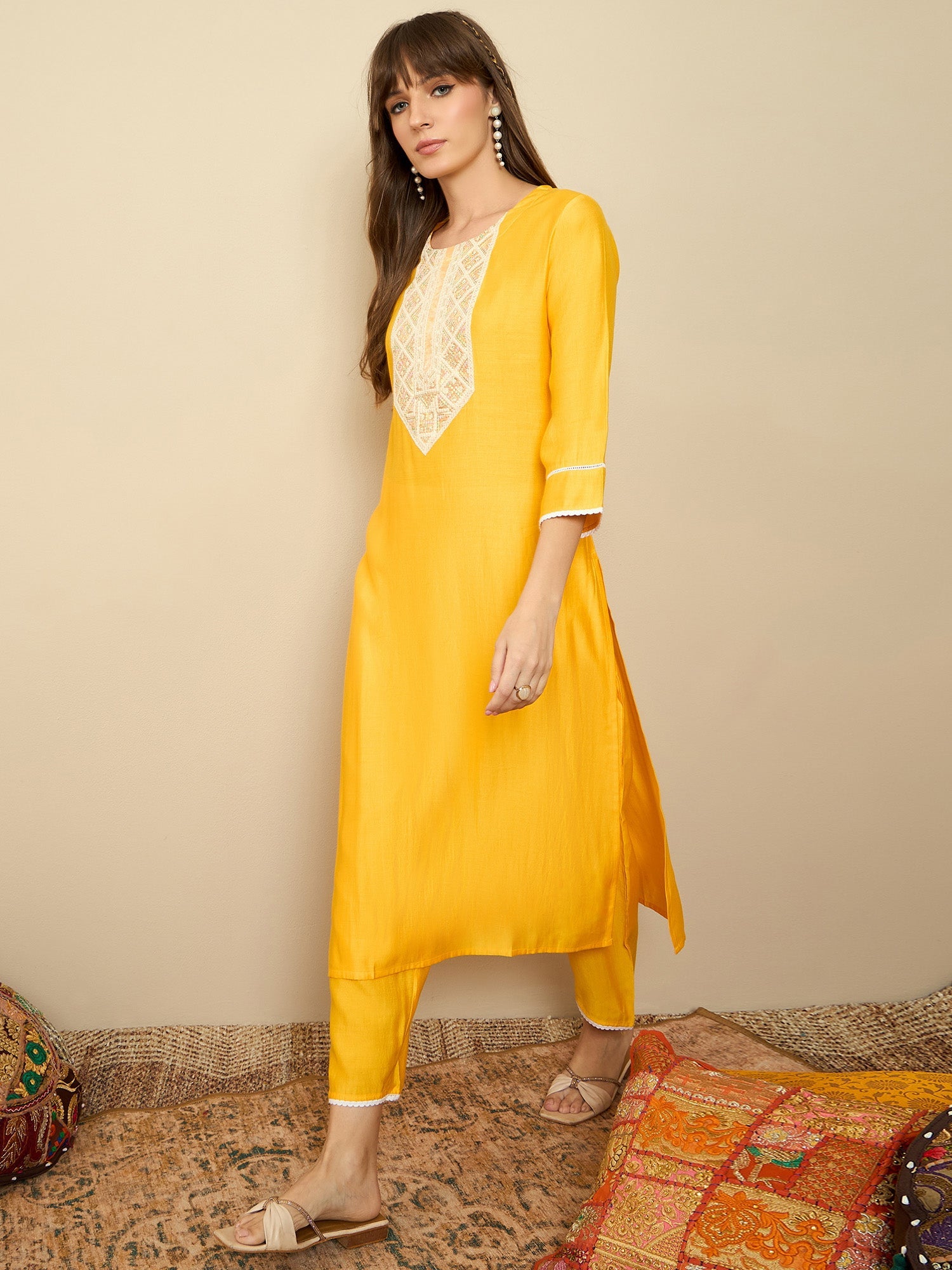 Women's Yellow Liva Kurta Set - Taantav